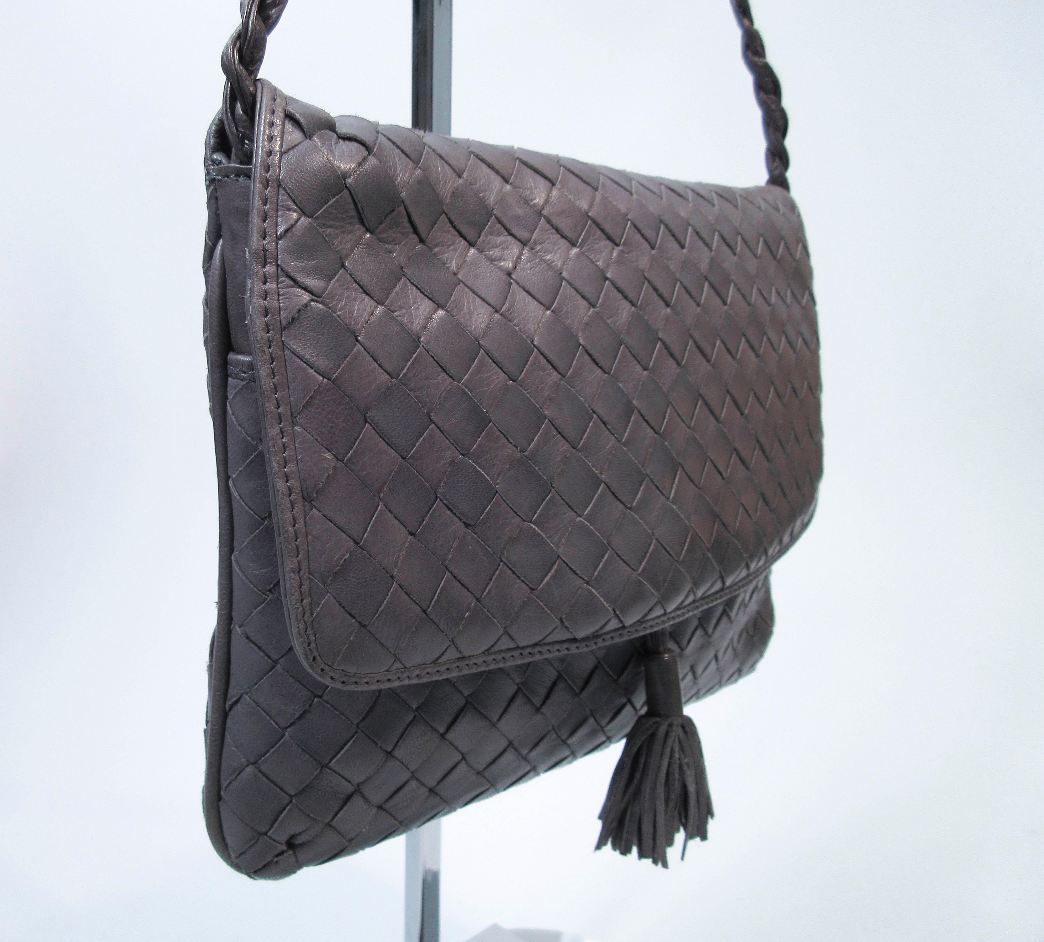 BOTTEGA VENETA Grey Woven Leather Handbag with Tassel 1
