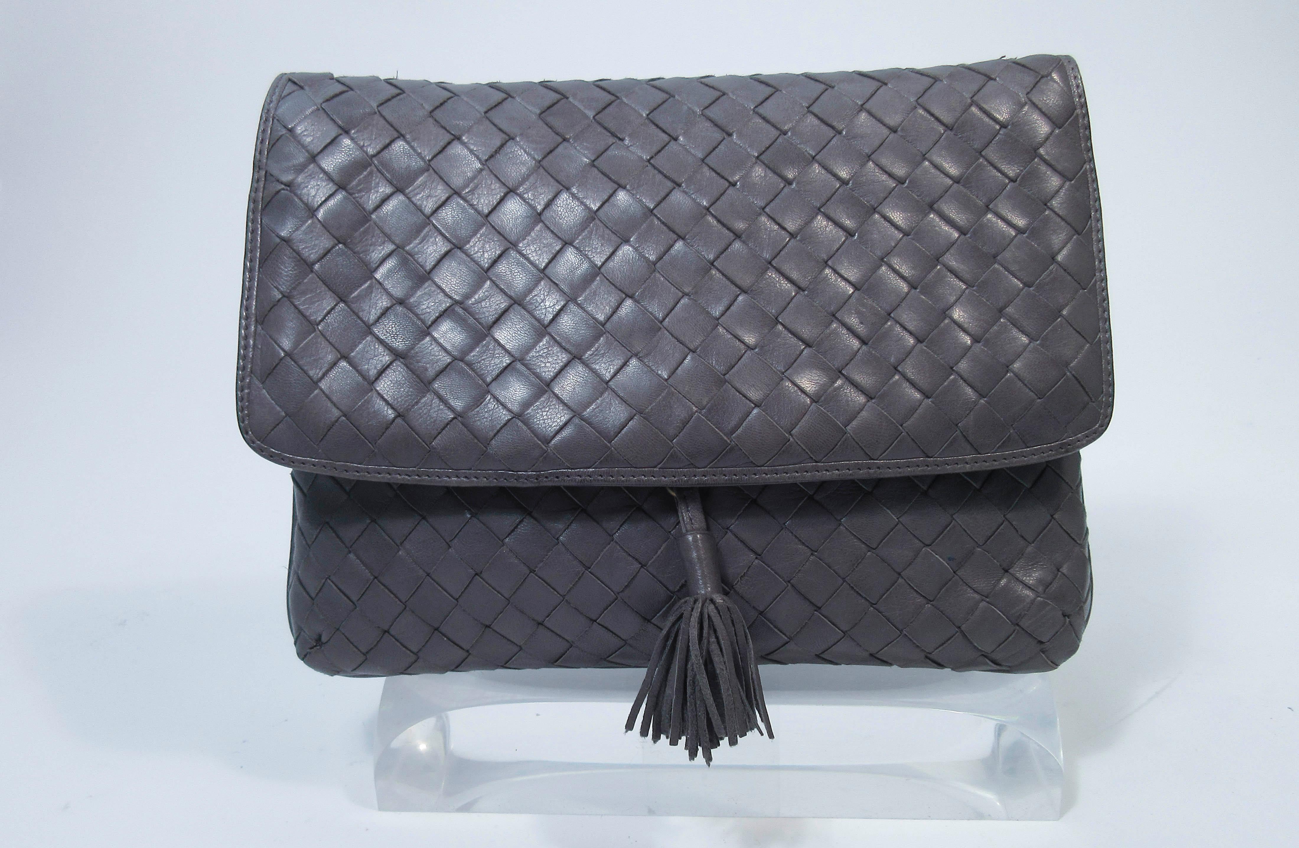 BOTTEGA VENETA Grey Woven Leather Handbag with Tassel 4