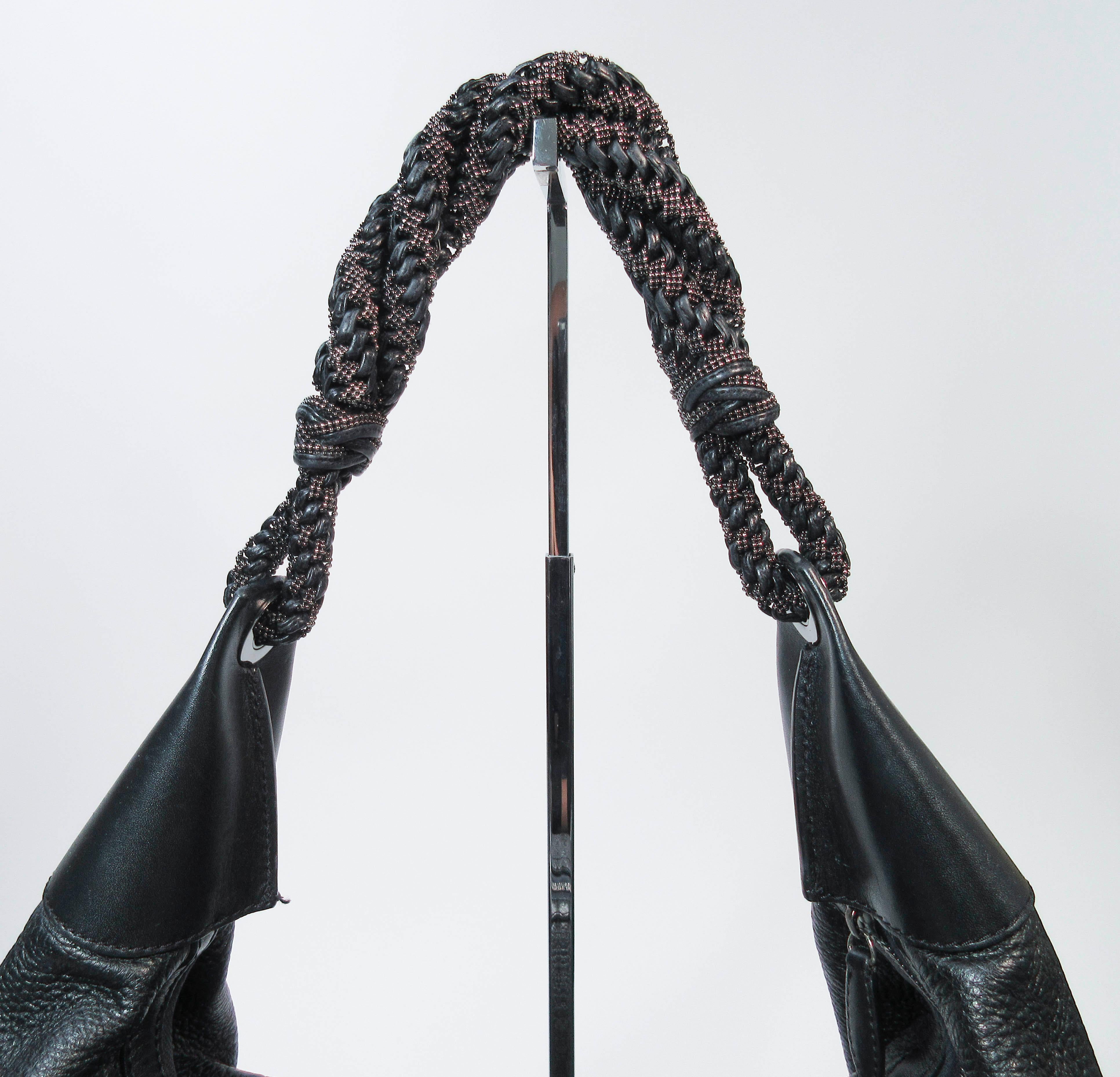 OSCAR DE LA RENTA Large Black Leather Hobo with Beaded Strap  1