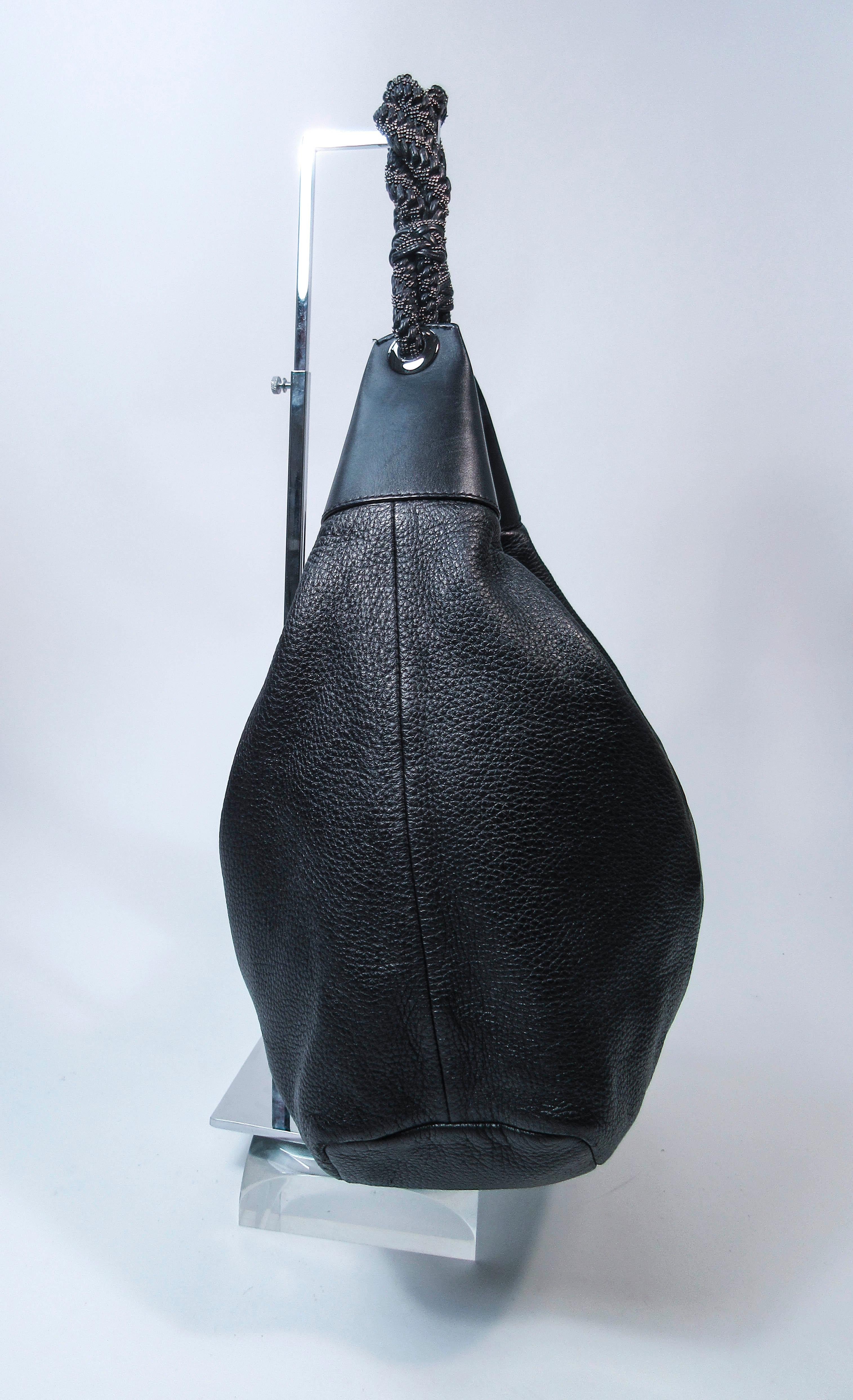 OSCAR DE LA RENTA Large Black Leather Hobo with Beaded Strap  4