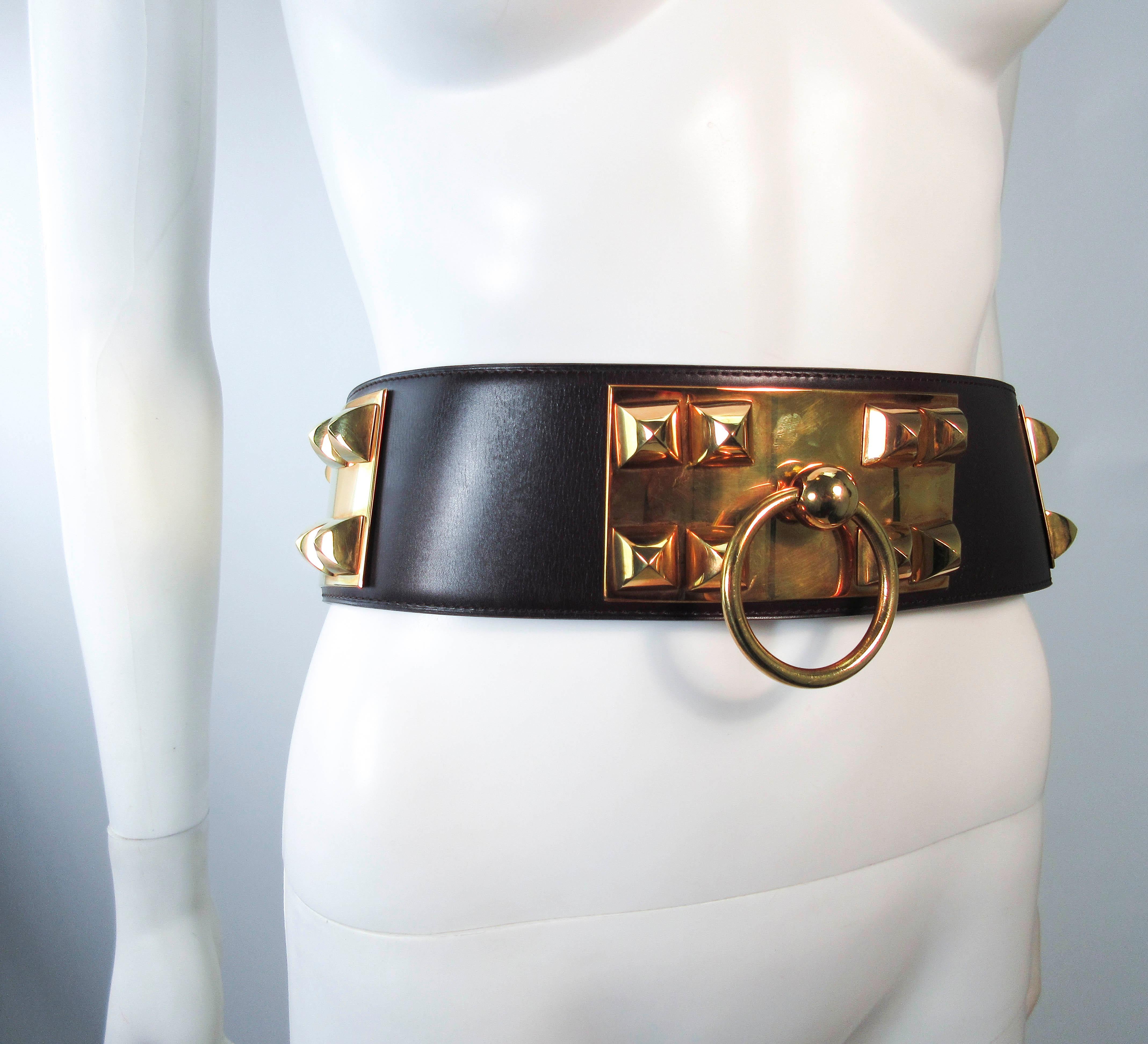 HERMES Collier De Chien Vintage Brown Leather Belt with Gold Hardware Size Large 2