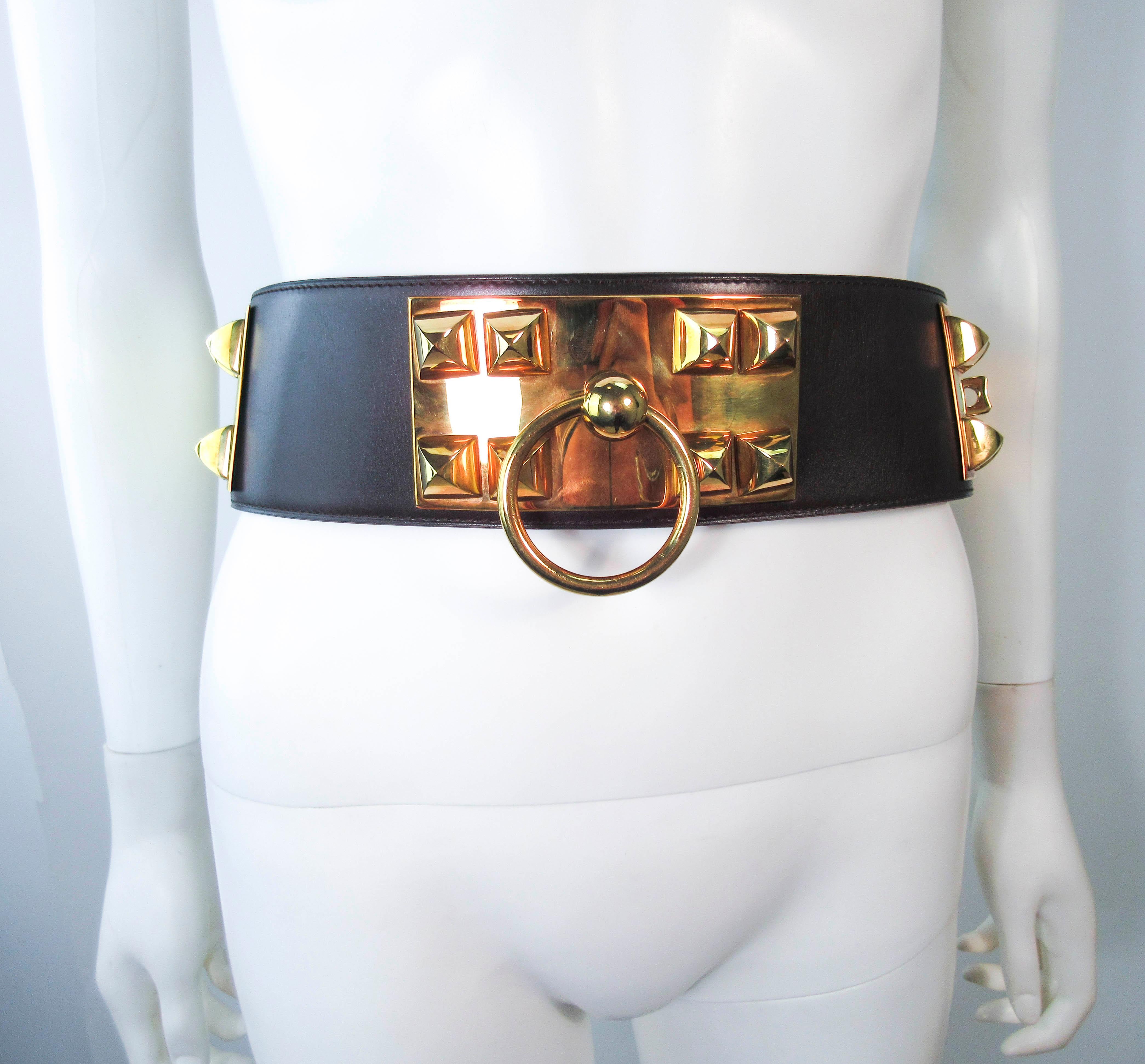 HERMES Collier De Chien Vintage Brown Leather Belt with Gold Hardware Size Large 3