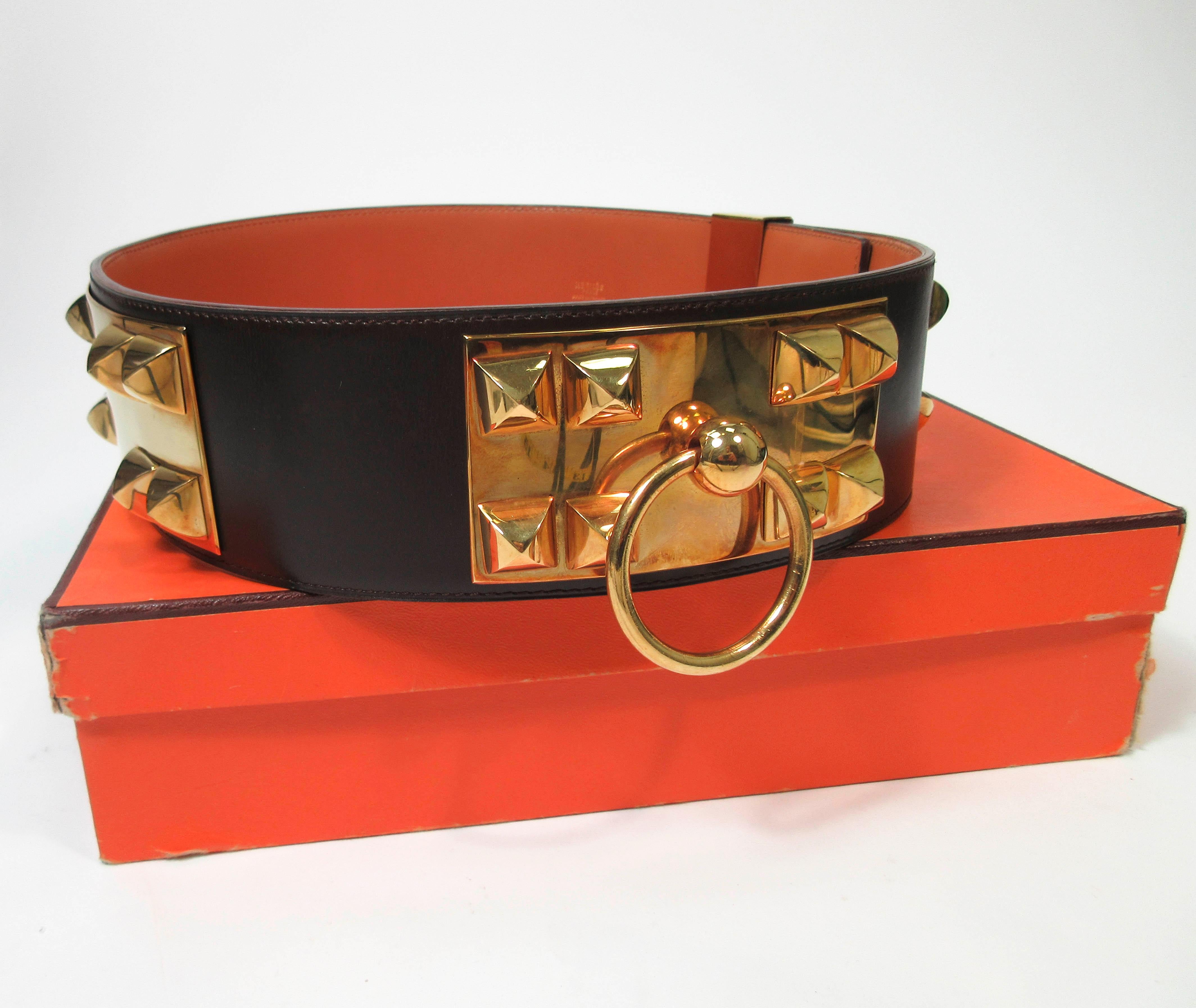 HERMES Collier De Chien Vintage Brown Leather Belt with Gold Hardware Size Large 4