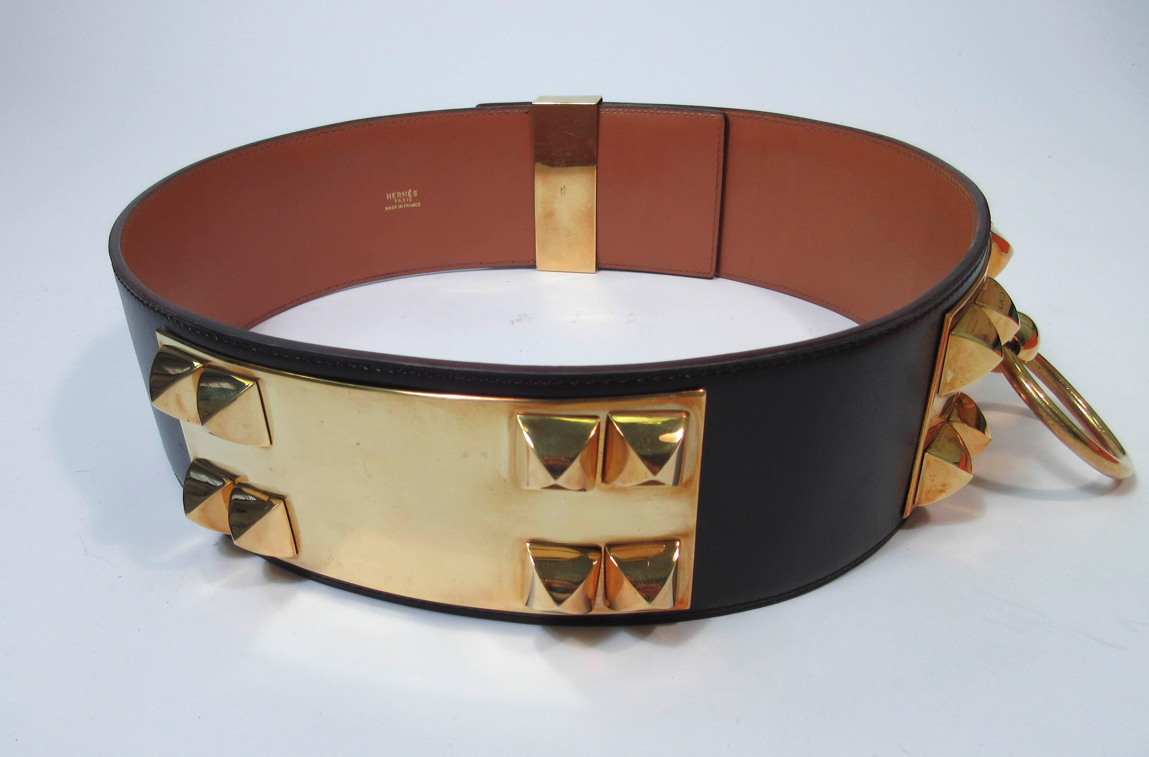 HERMES Collier De Chien Vintage Brown Leather Belt with Gold Hardware Size Large 8