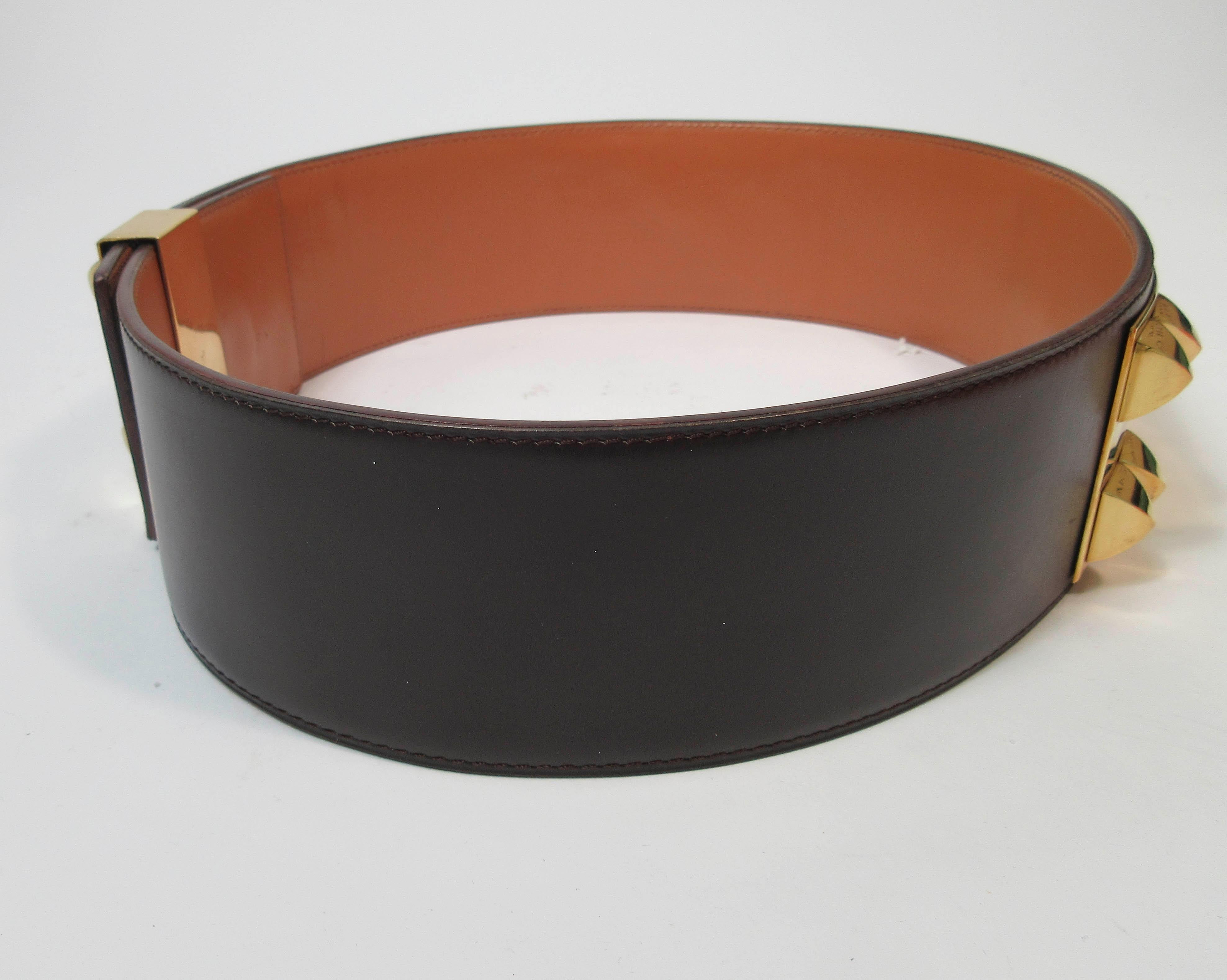 HERMES Collier De Chien Vintage Brown Leather Belt with Gold Hardware Size Large 9