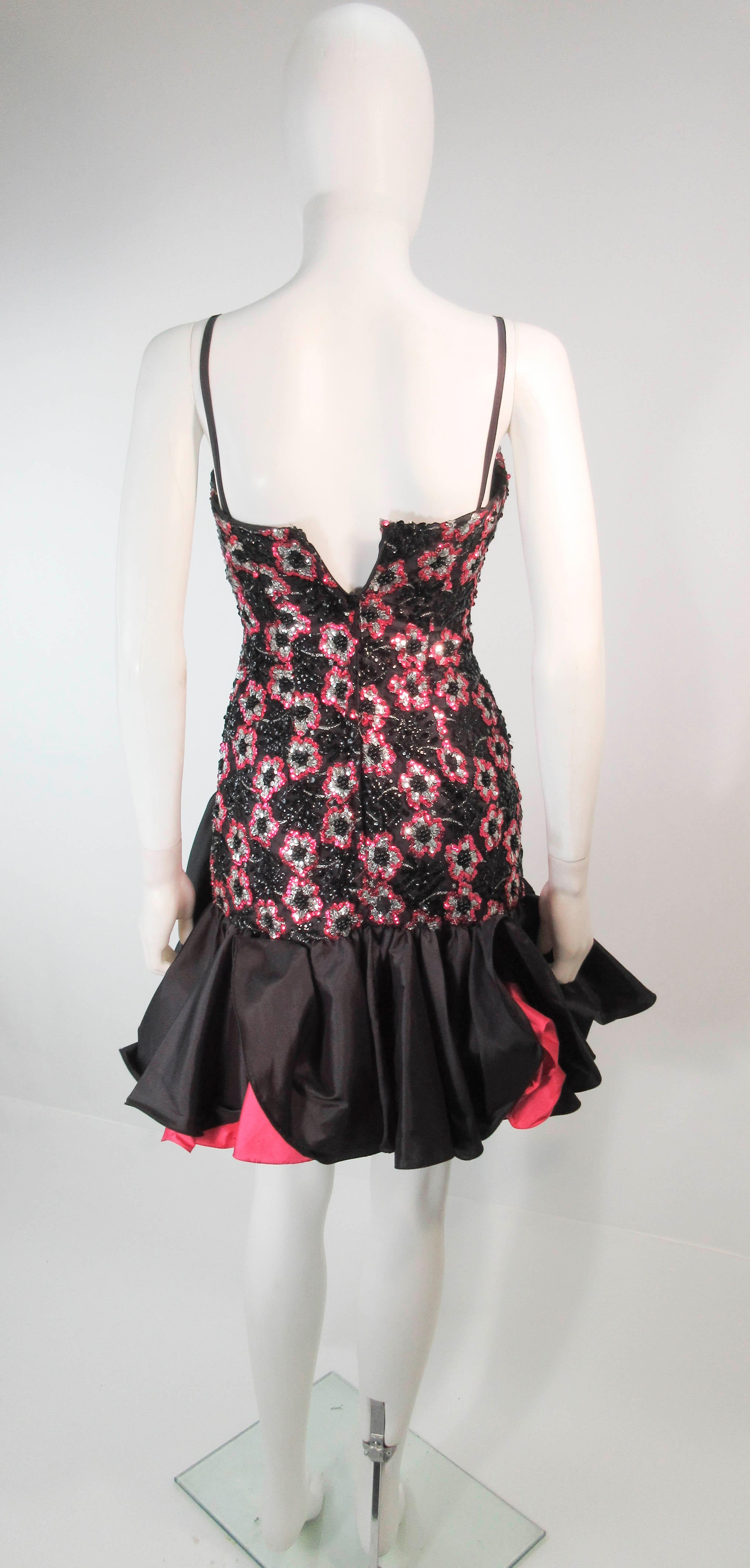 Vintage 1980's Black & Pink Sequin Ruffle Cocktail Dress Size Small For Sale 4