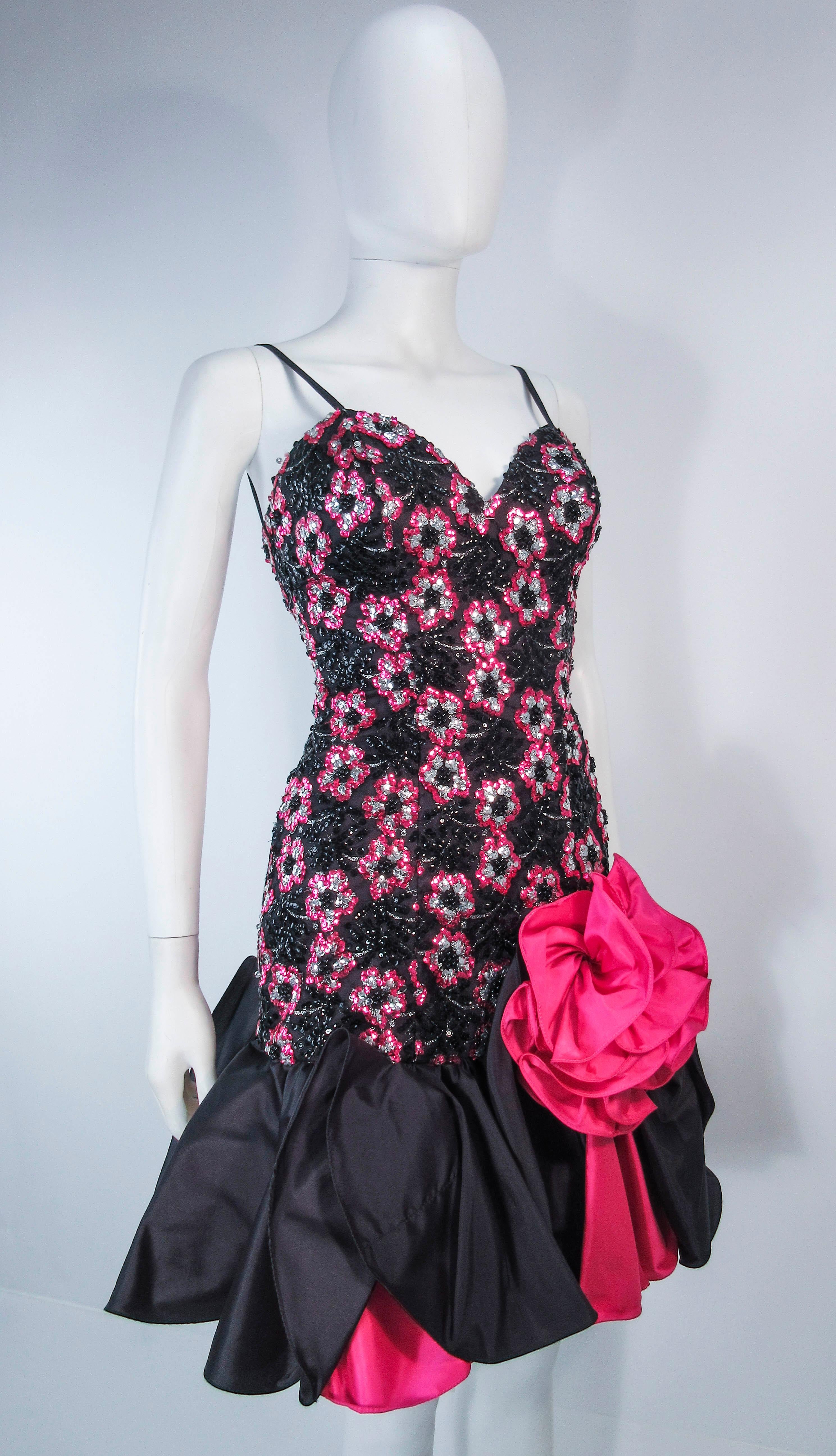 Vintage 1980's Black & Pink Sequin Ruffle Cocktail Dress Size Small In Excellent Condition For Sale In Los Angeles, CA