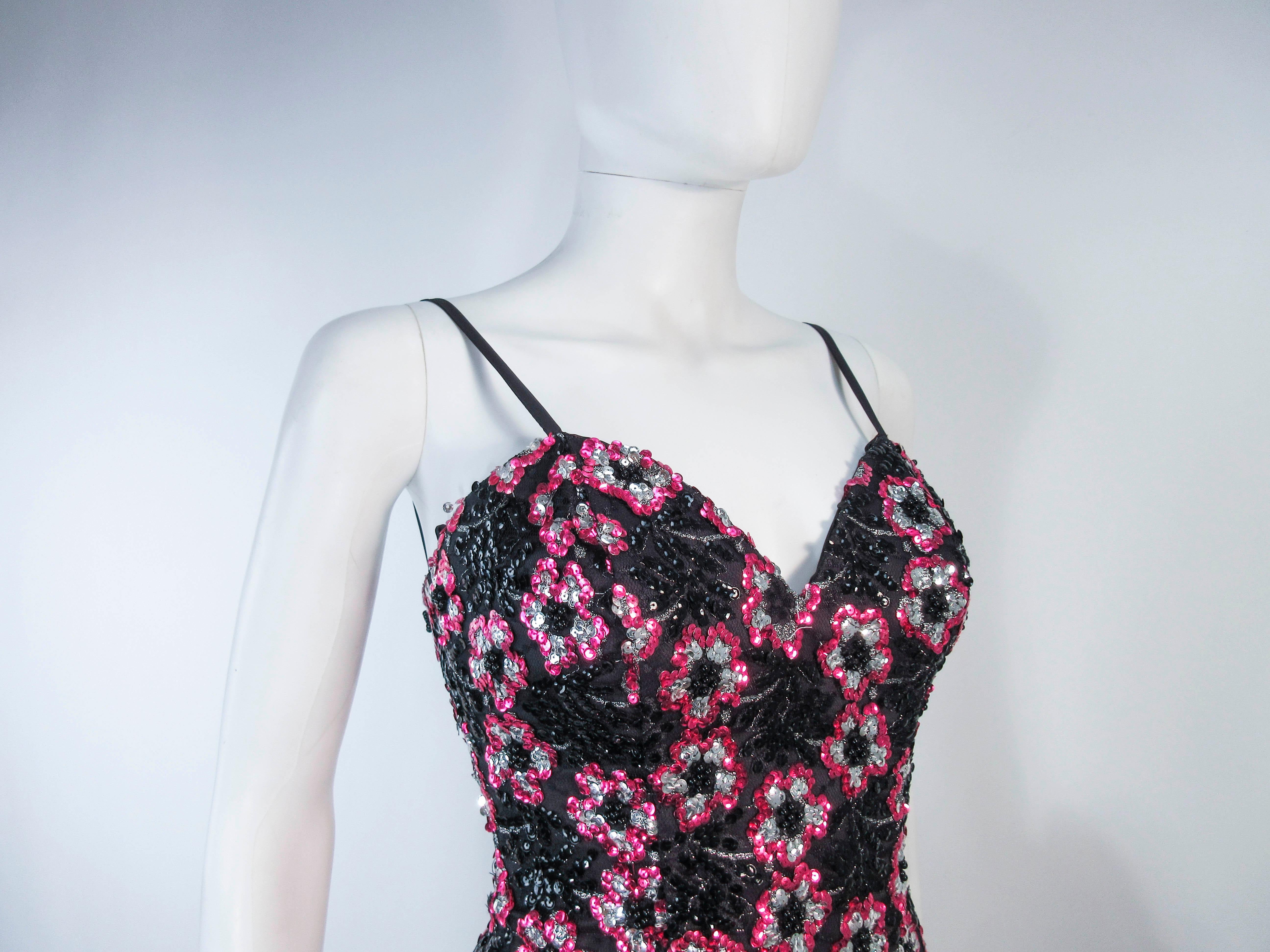 Women's Vintage 1980's Black & Pink Sequin Ruffle Cocktail Dress Size Small For Sale