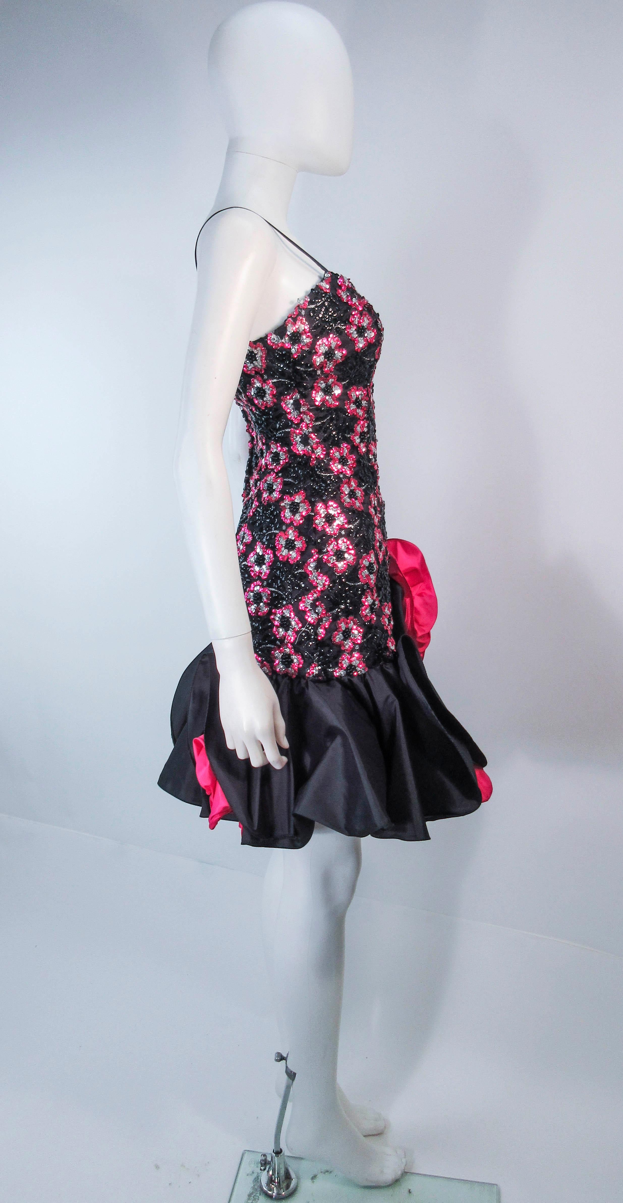 Vintage 1980's Black & Pink Sequin Ruffle Cocktail Dress Size Small For Sale 1