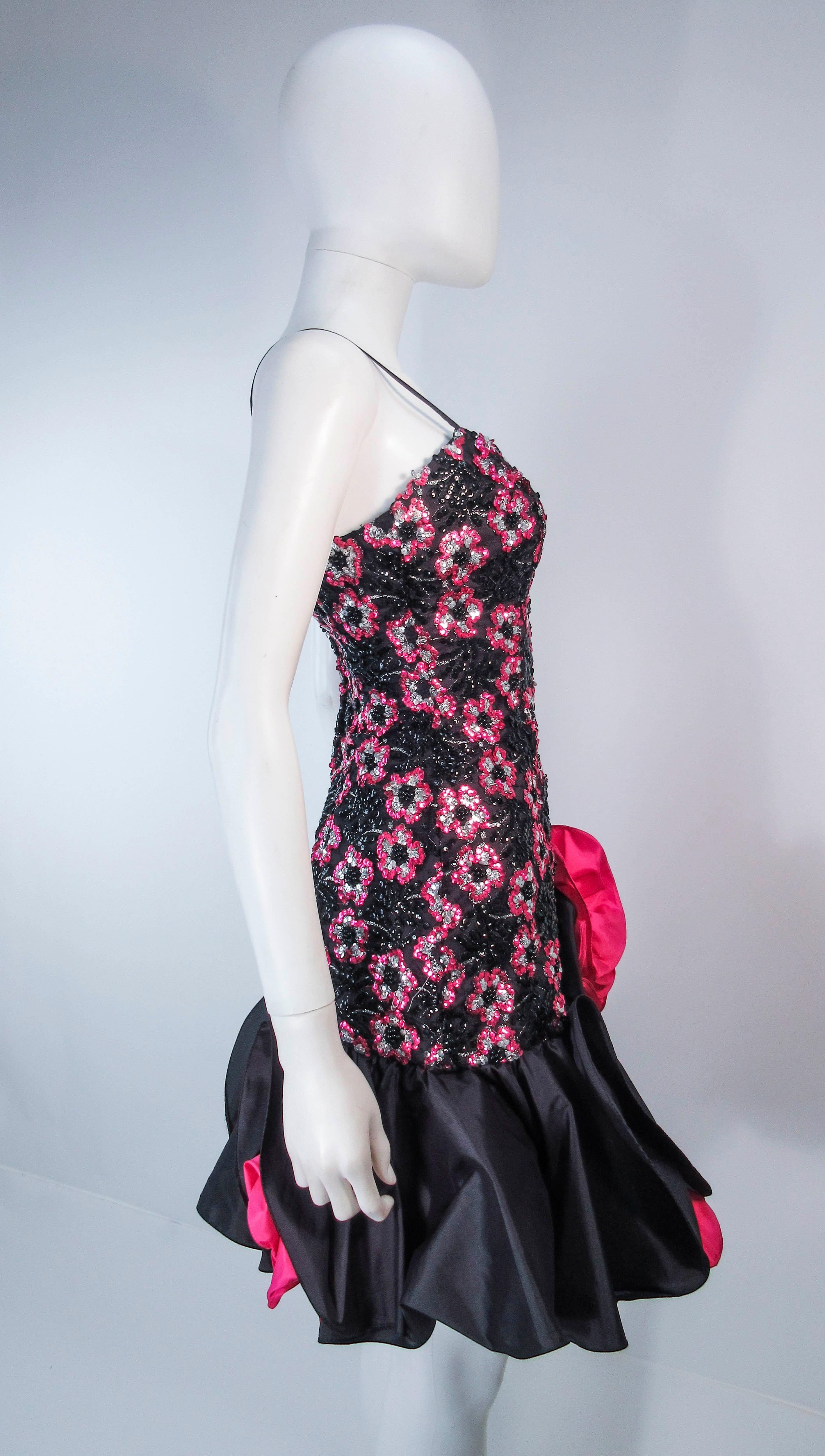 Vintage 1980's Black & Pink Sequin Ruffle Cocktail Dress Size Small For Sale 2