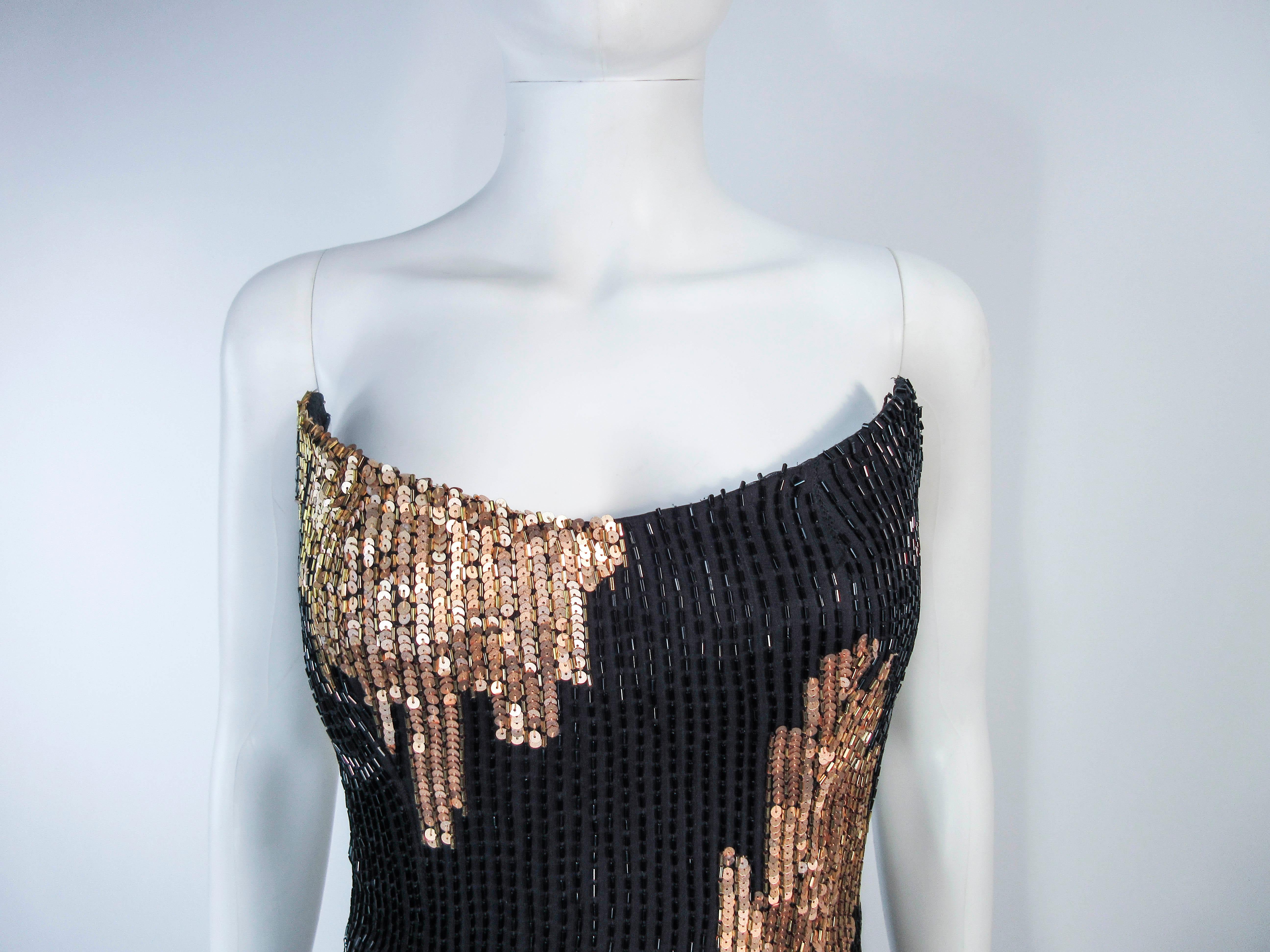 Women's Bob Mackie Black and Gold Beaded Cocktail Dress with Structured Bust 