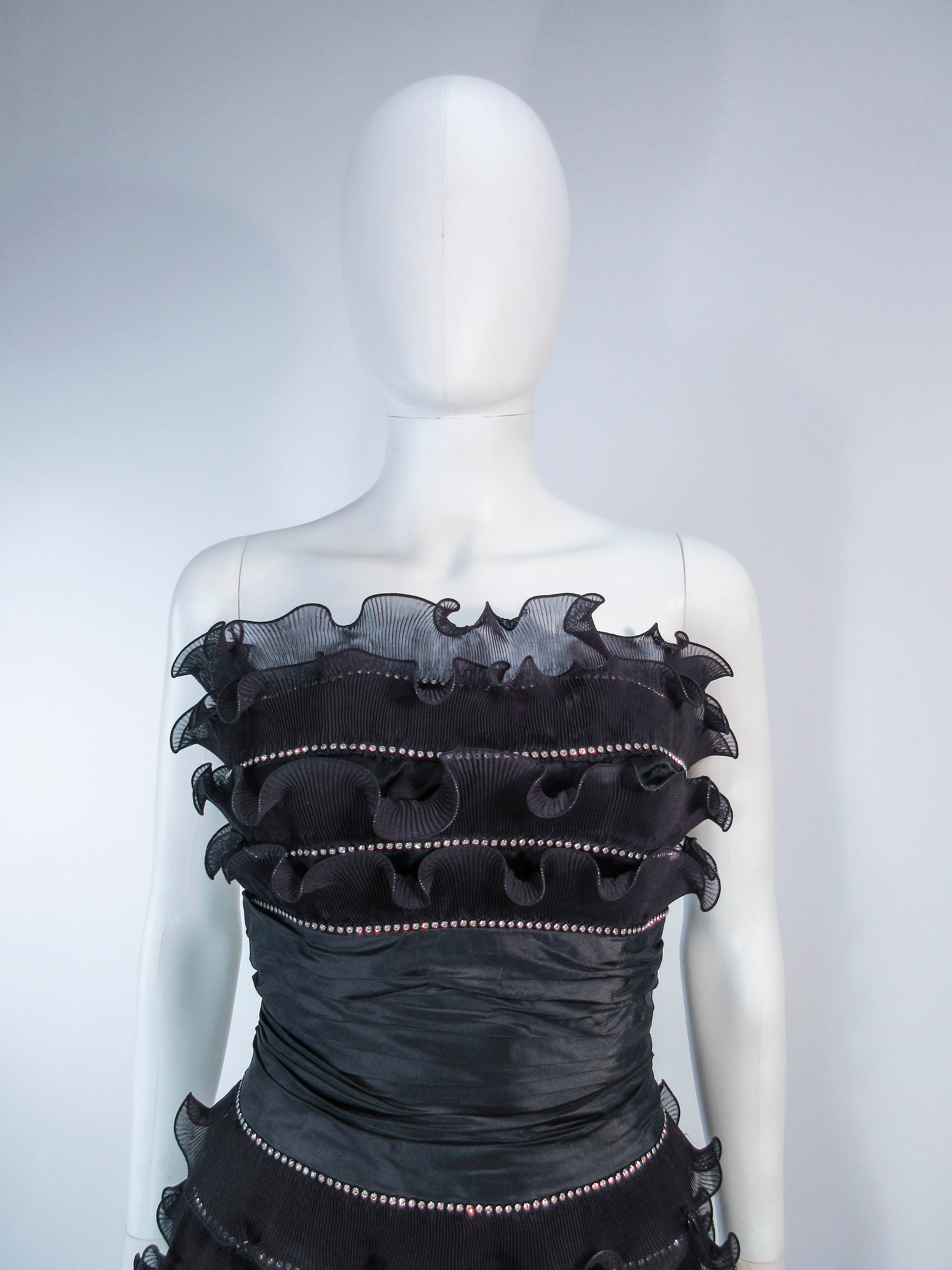 JIKI Monte-Carlo Creation Black Pleated Ruffle Rhinestone Cocktail Dress Size 38 In Excellent Condition For Sale In Los Angeles, CA