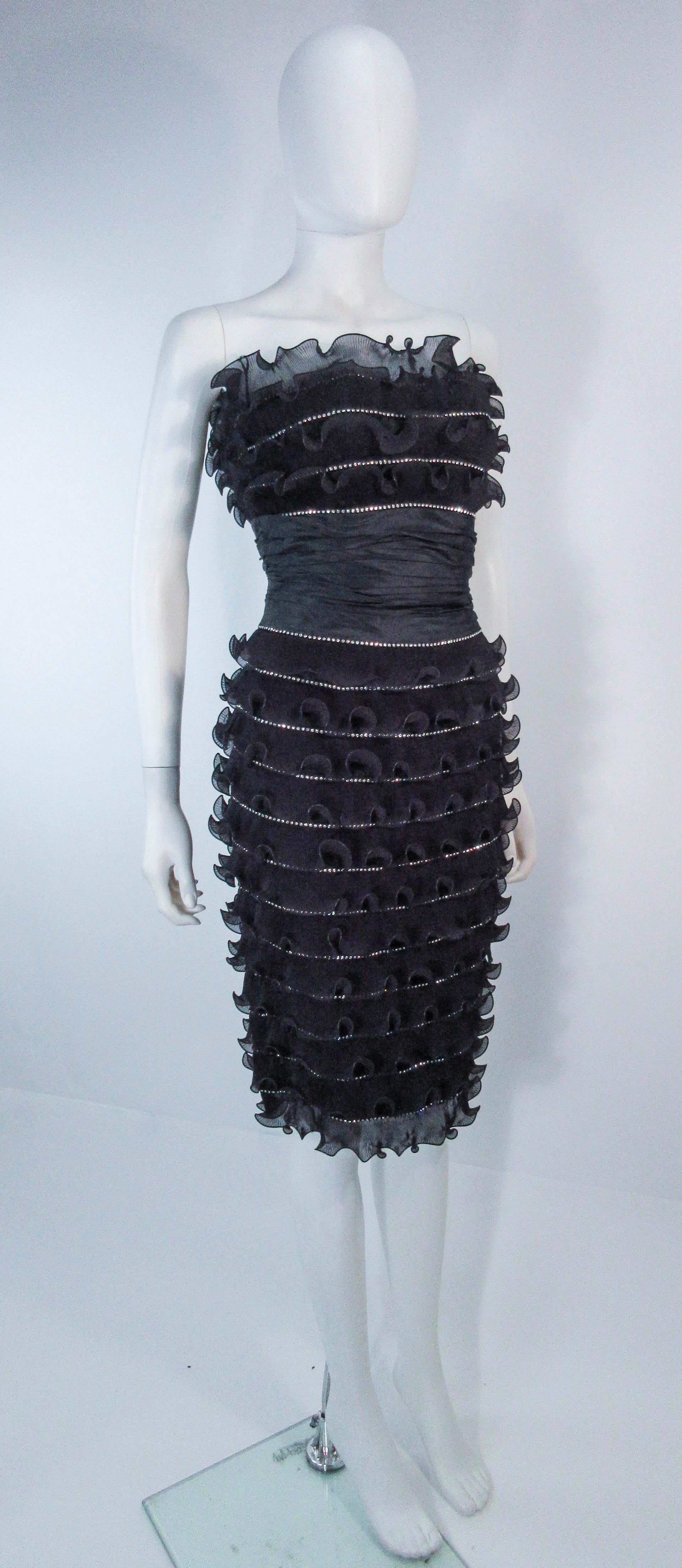 Women's JIKI Monte-Carlo Creation Black Pleated Ruffle Rhinestone Cocktail Dress Size 38 For Sale