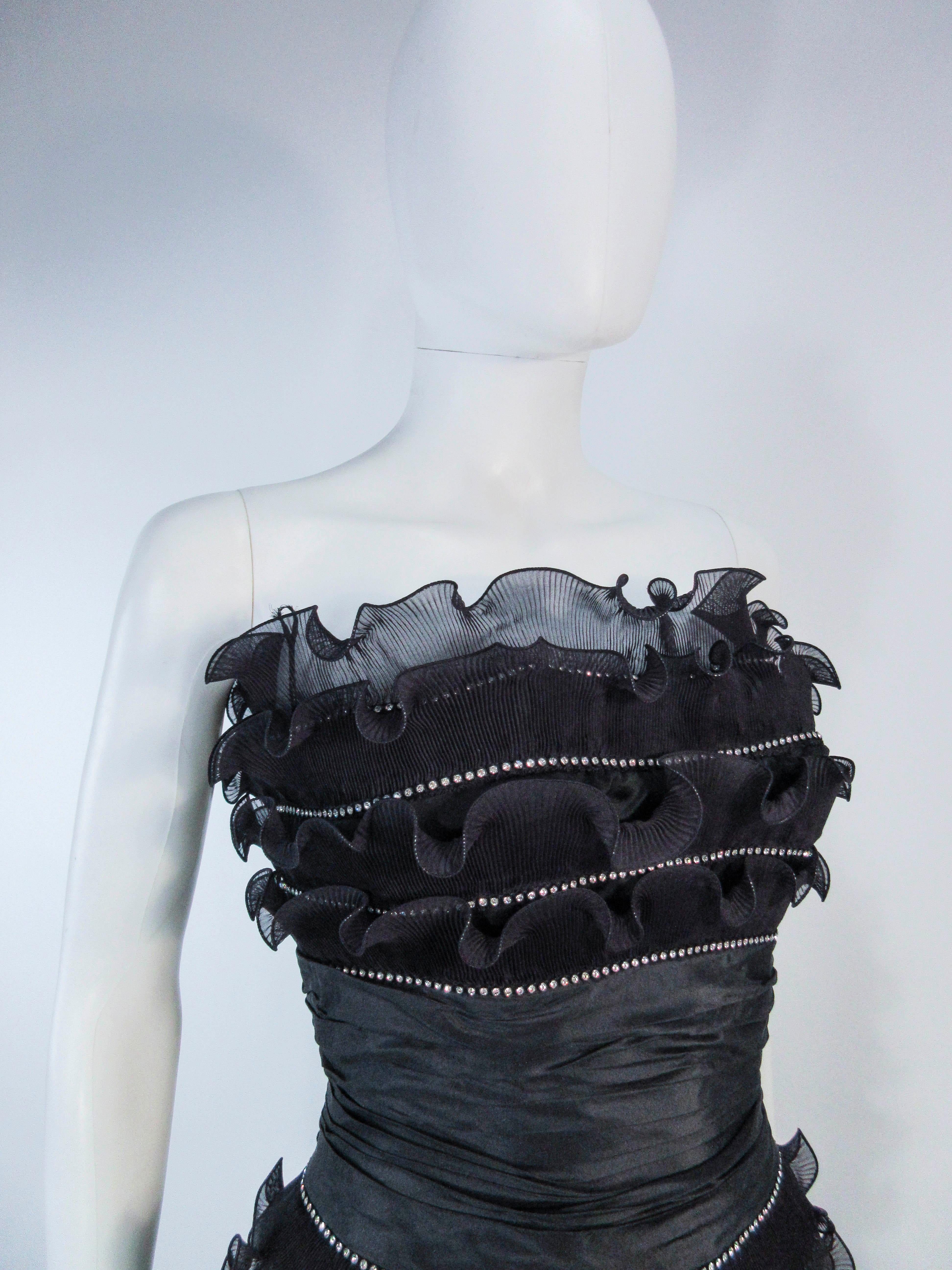 JIKI Monte-Carlo Creation Black Pleated Ruffle Rhinestone Cocktail Dress Size 38 For Sale 2