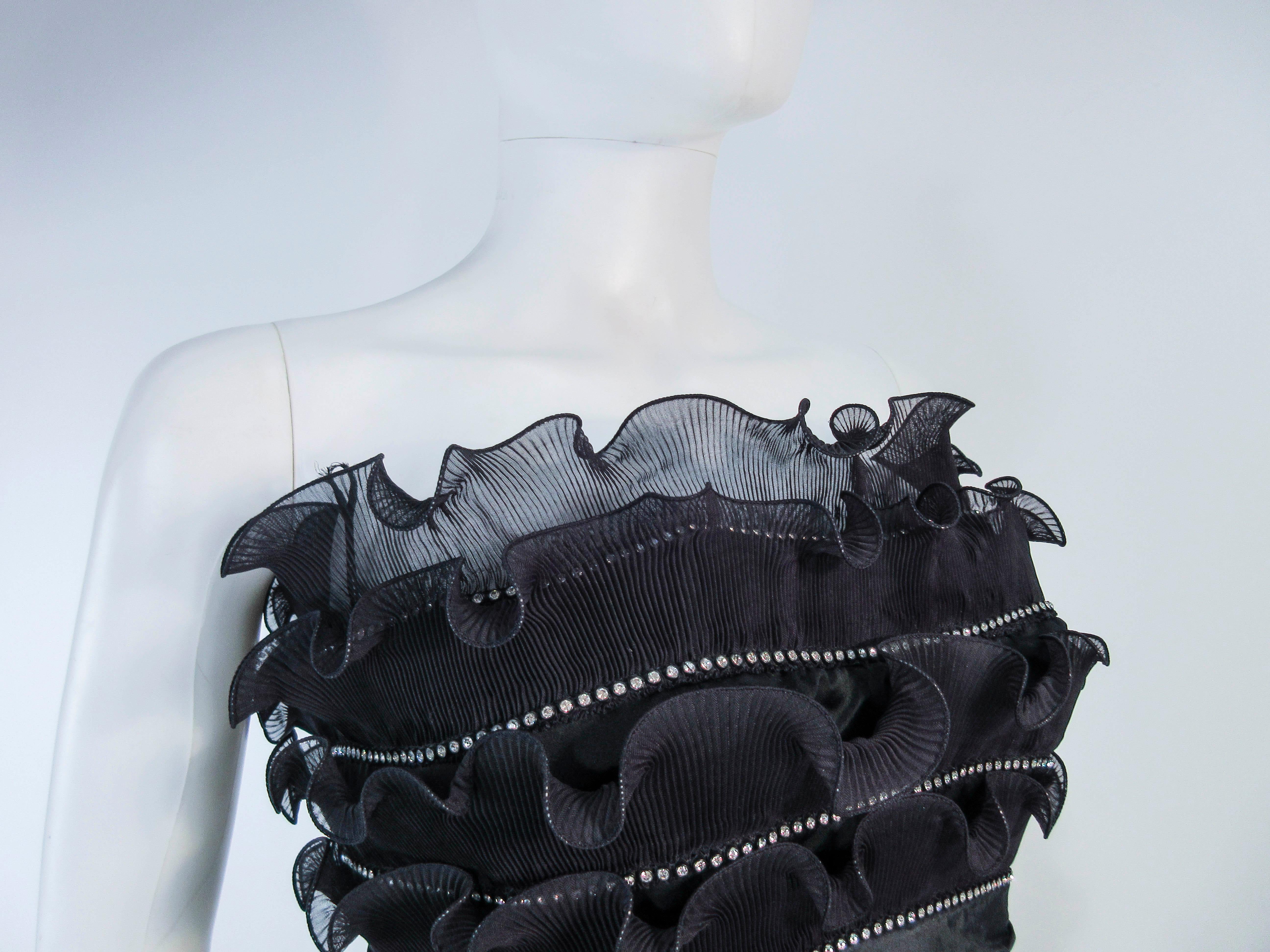 JIKI Monte-Carlo Creation Black Pleated Ruffle Rhinestone Cocktail Dress Size 38 For Sale 3