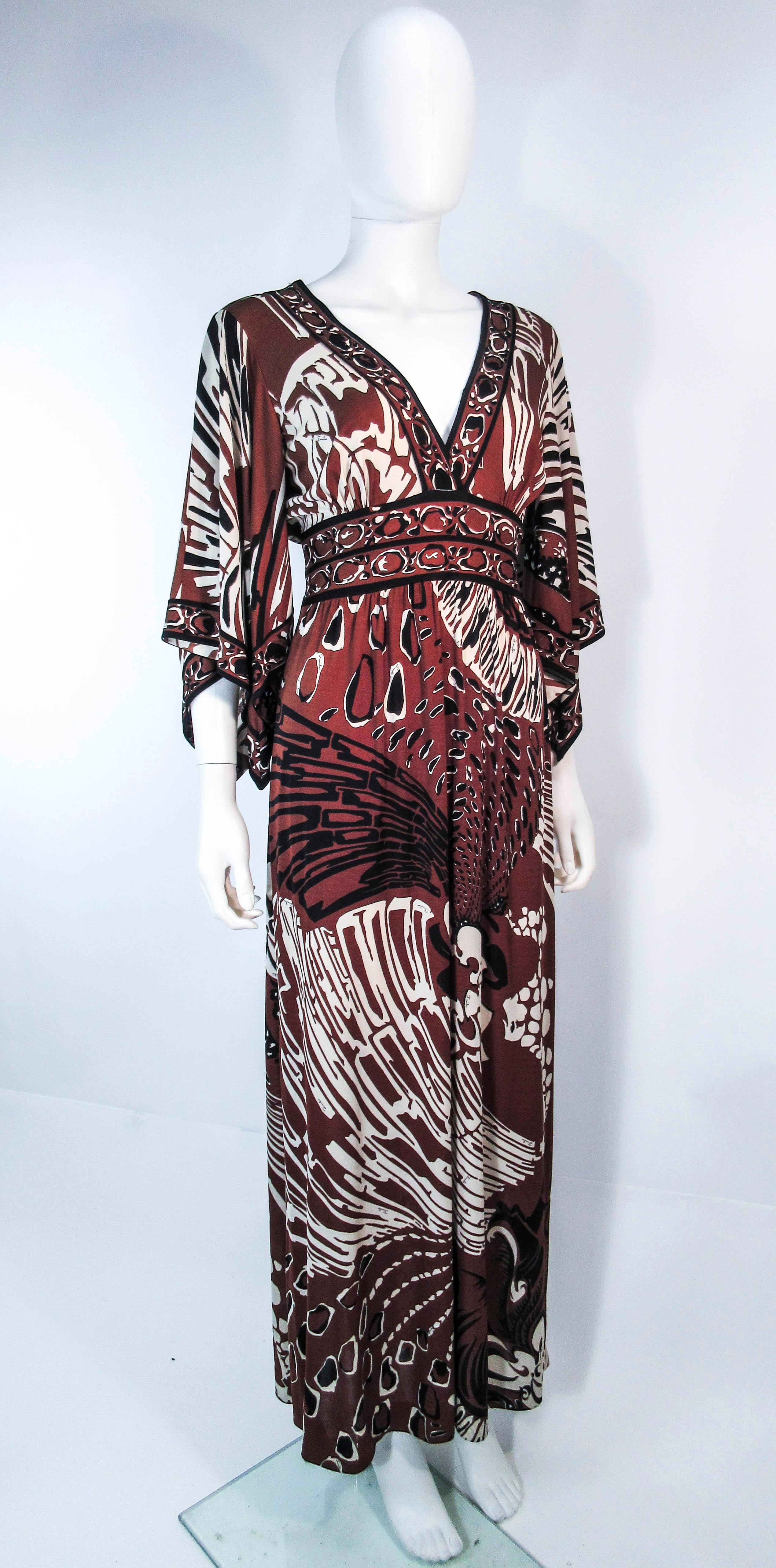 Pucci Vintage Brown and Black Silk Maxi Gown with Draped Sleeves  1