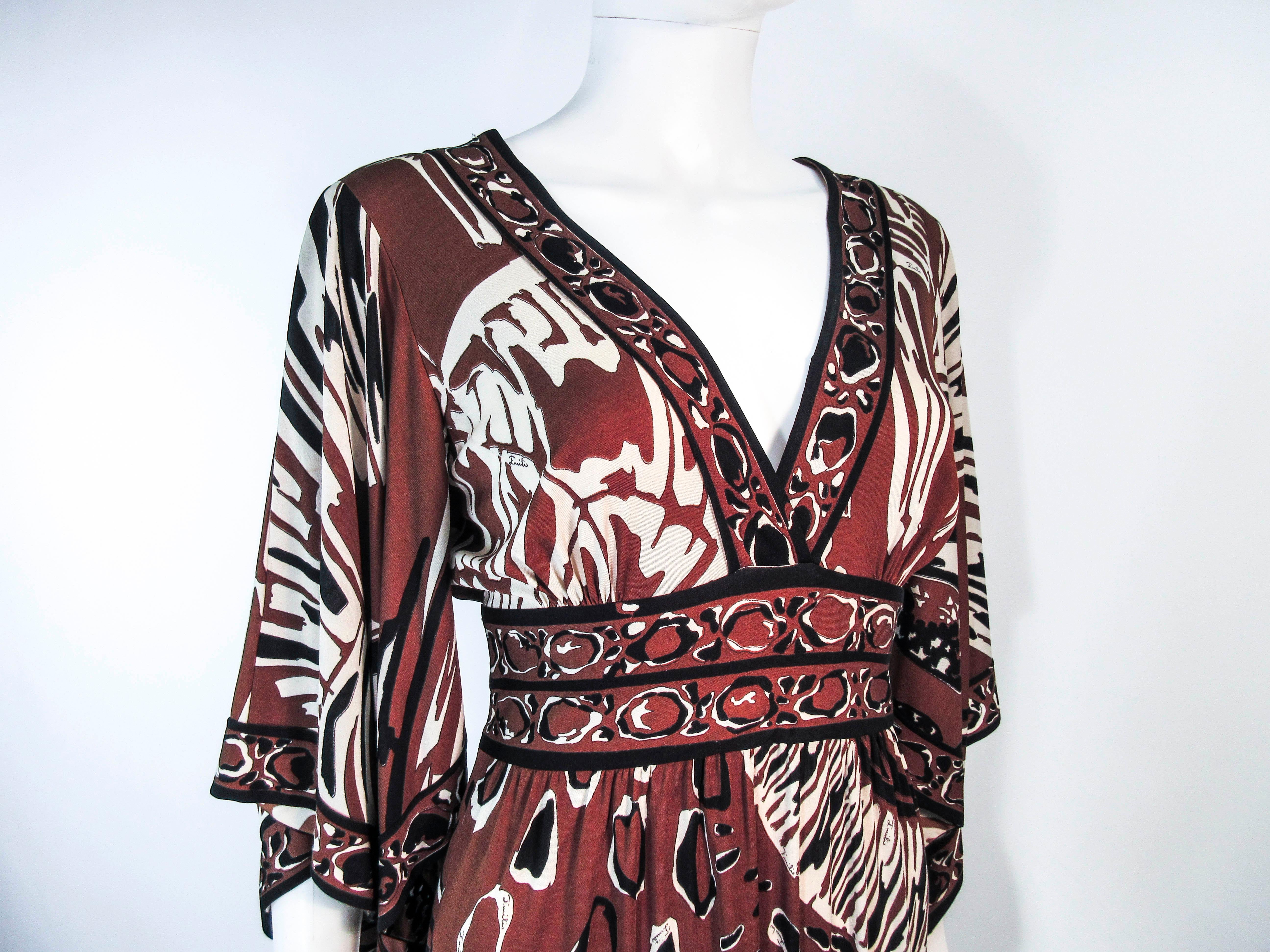 Pucci Vintage Brown and Black Silk Maxi Gown with Draped Sleeves  3