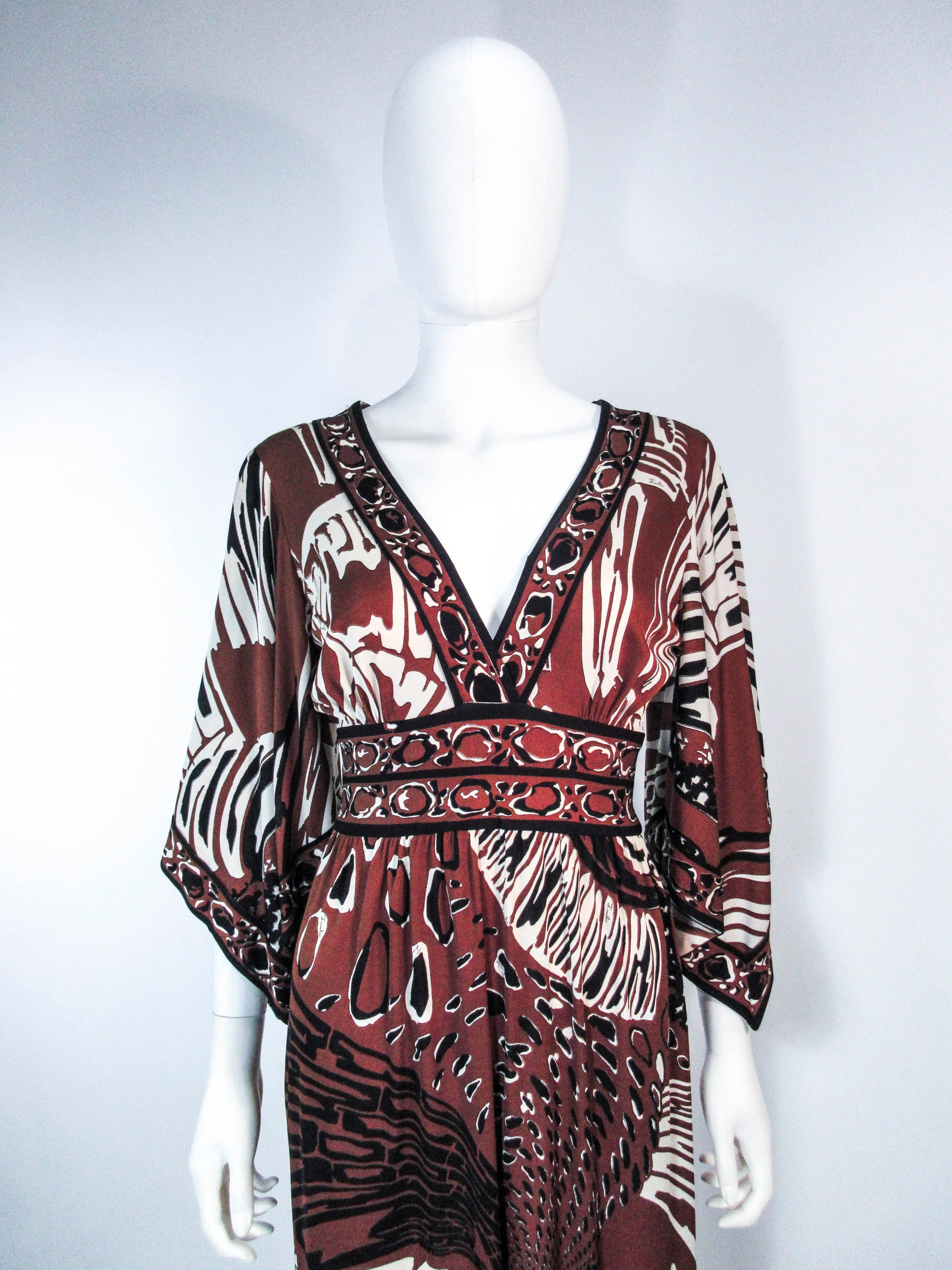 Pucci Vintage Brown and Black Silk Maxi Gown with Draped Sleeves  In Excellent Condition In Los Angeles, CA