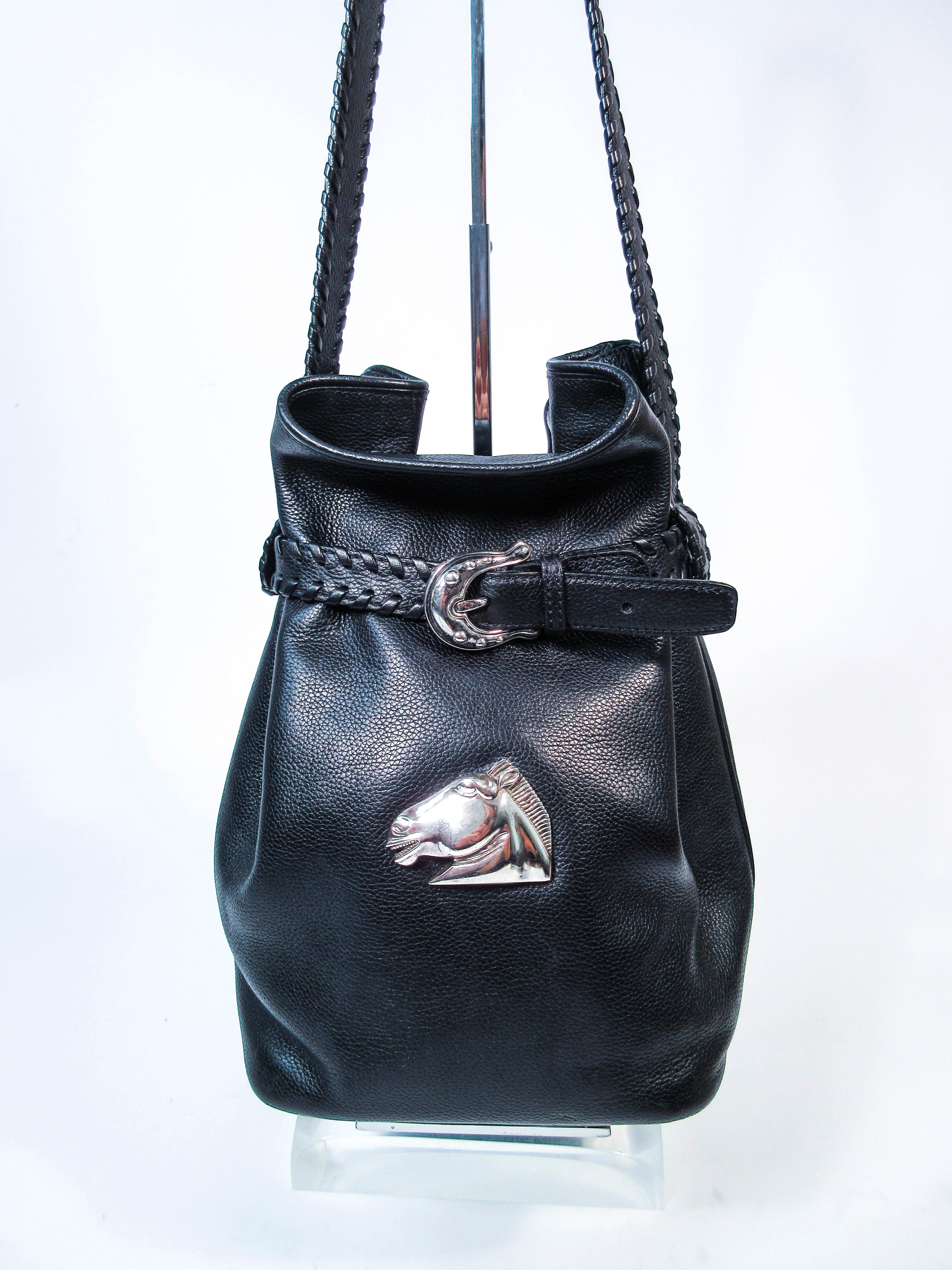 Barry Keiselstein-Cord Black Leather Horse Bucket Bag with Silver Hardware In New Condition In Los Angeles, CA
