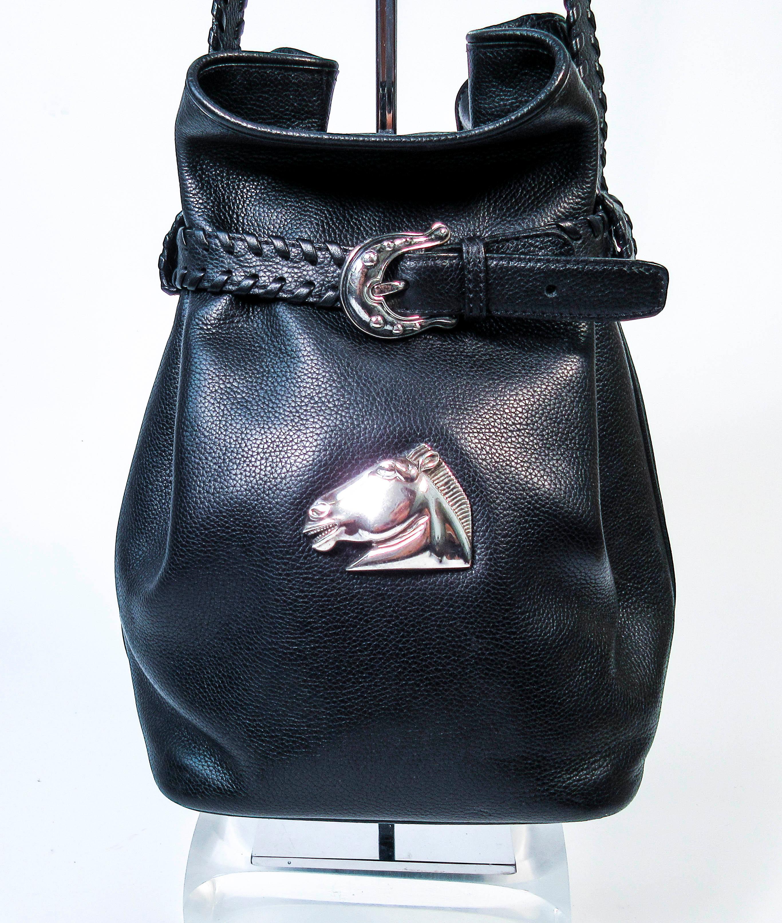 Women's Barry Keiselstein-Cord Black Leather Horse Bucket Bag with Silver Hardware