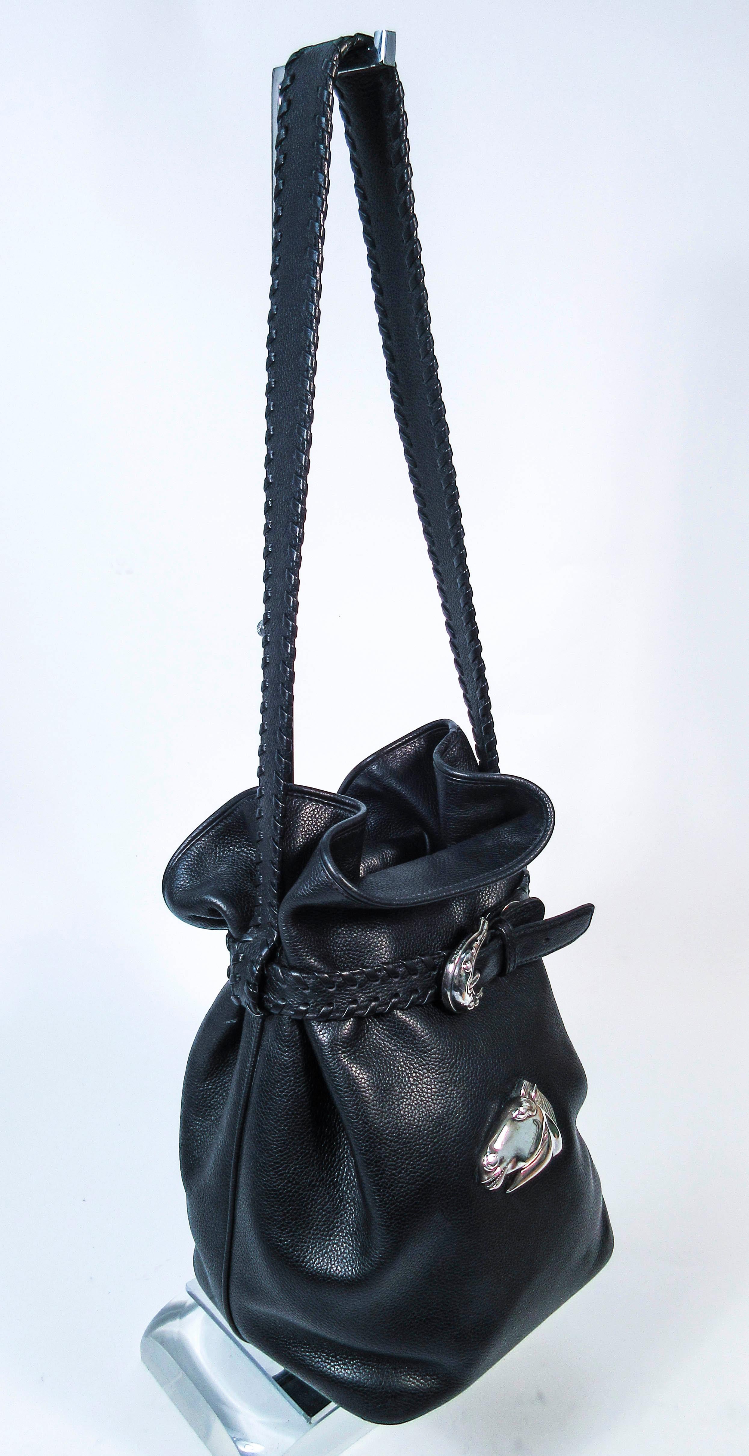 Barry Keiselstein-Cord Black Leather Horse Bucket Bag with Silver Hardware 1