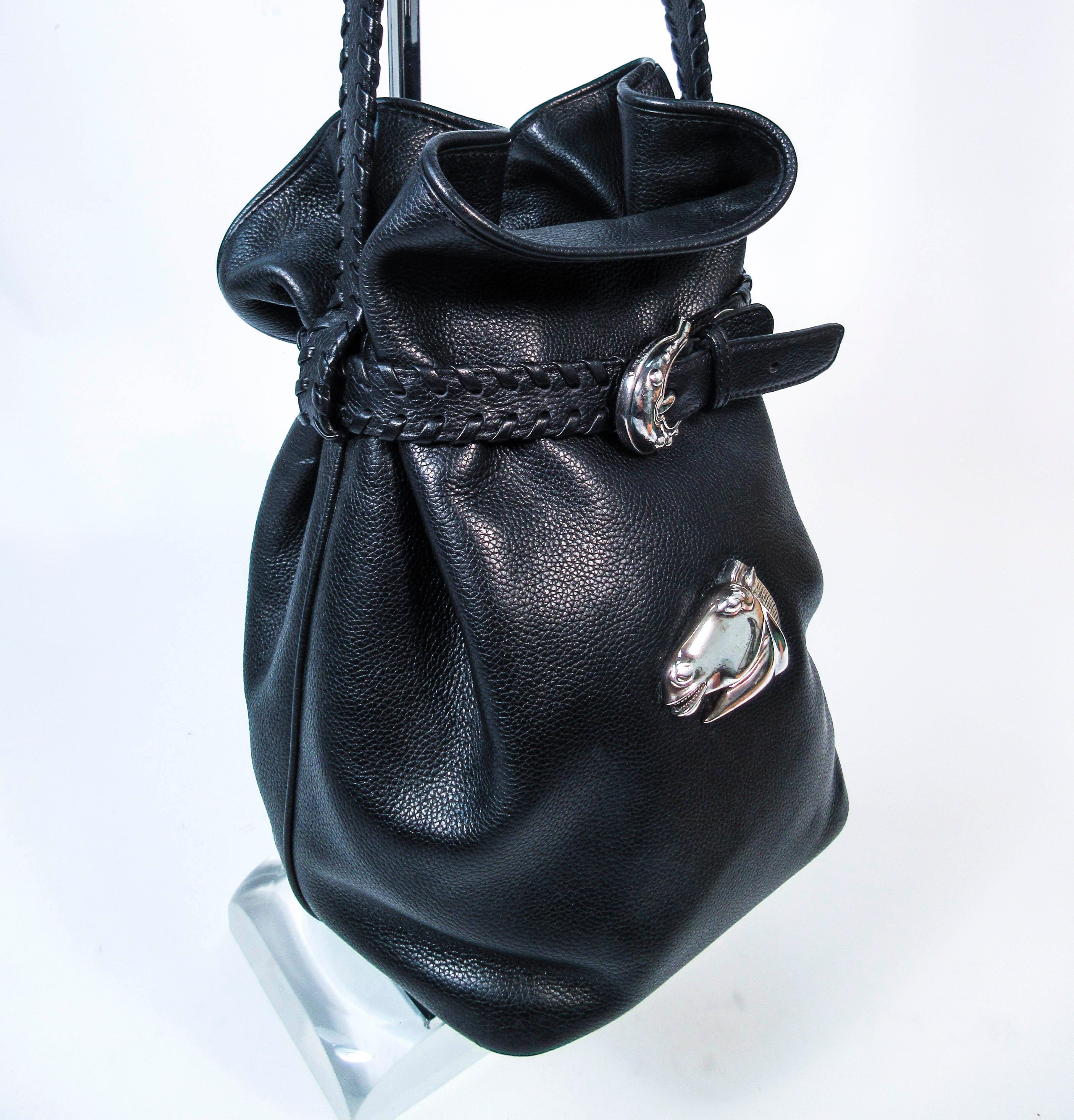 Barry Keiselstein-Cord Black Leather Horse Bucket Bag with Silver Hardware 2