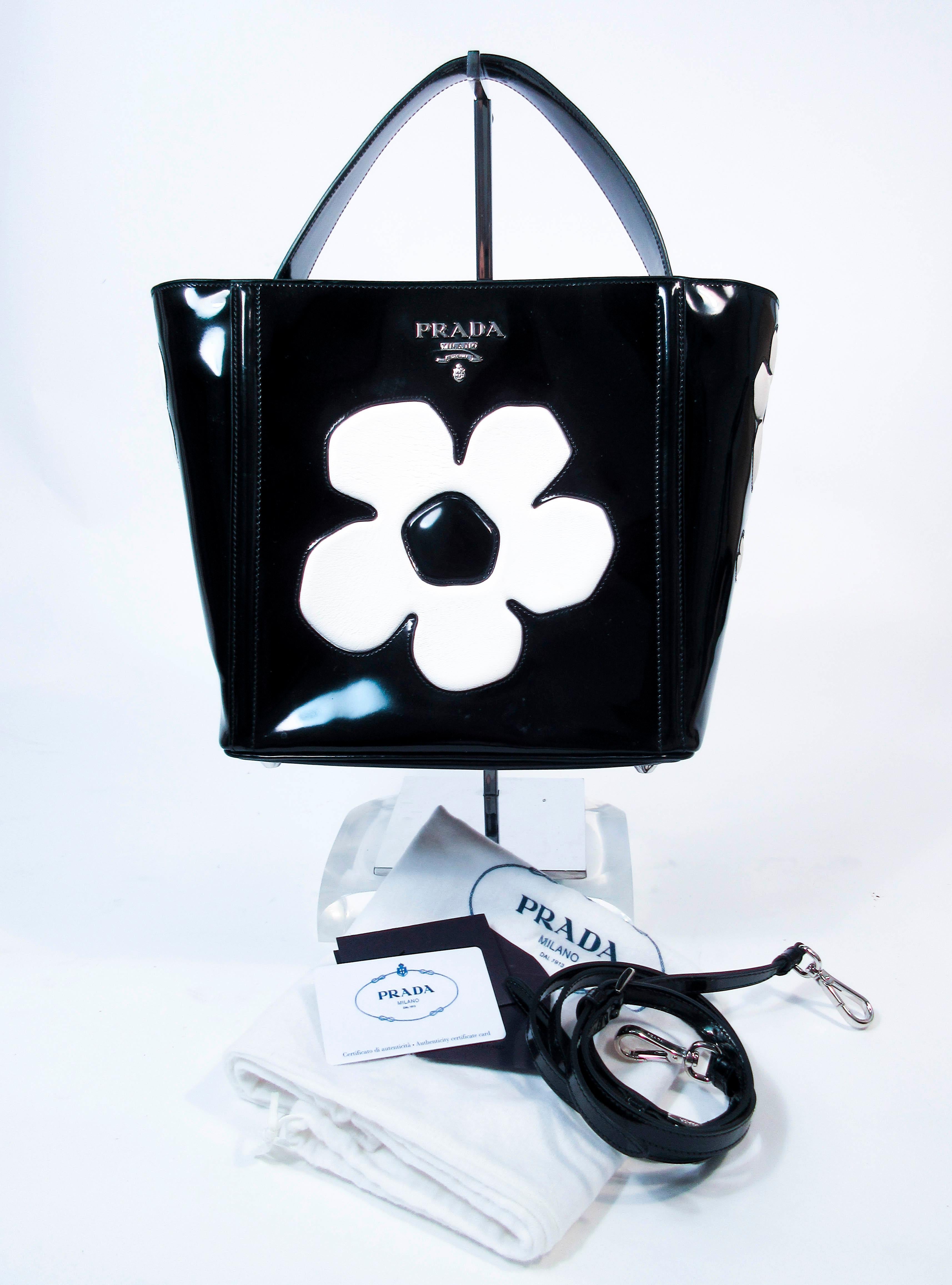 Prada Black and White Patent Leather Flower Purse with Optional Shoulder Strap  3