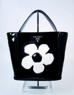Prada Black and White Patent Leather Flower Purse with Optional Shoulder Strap
