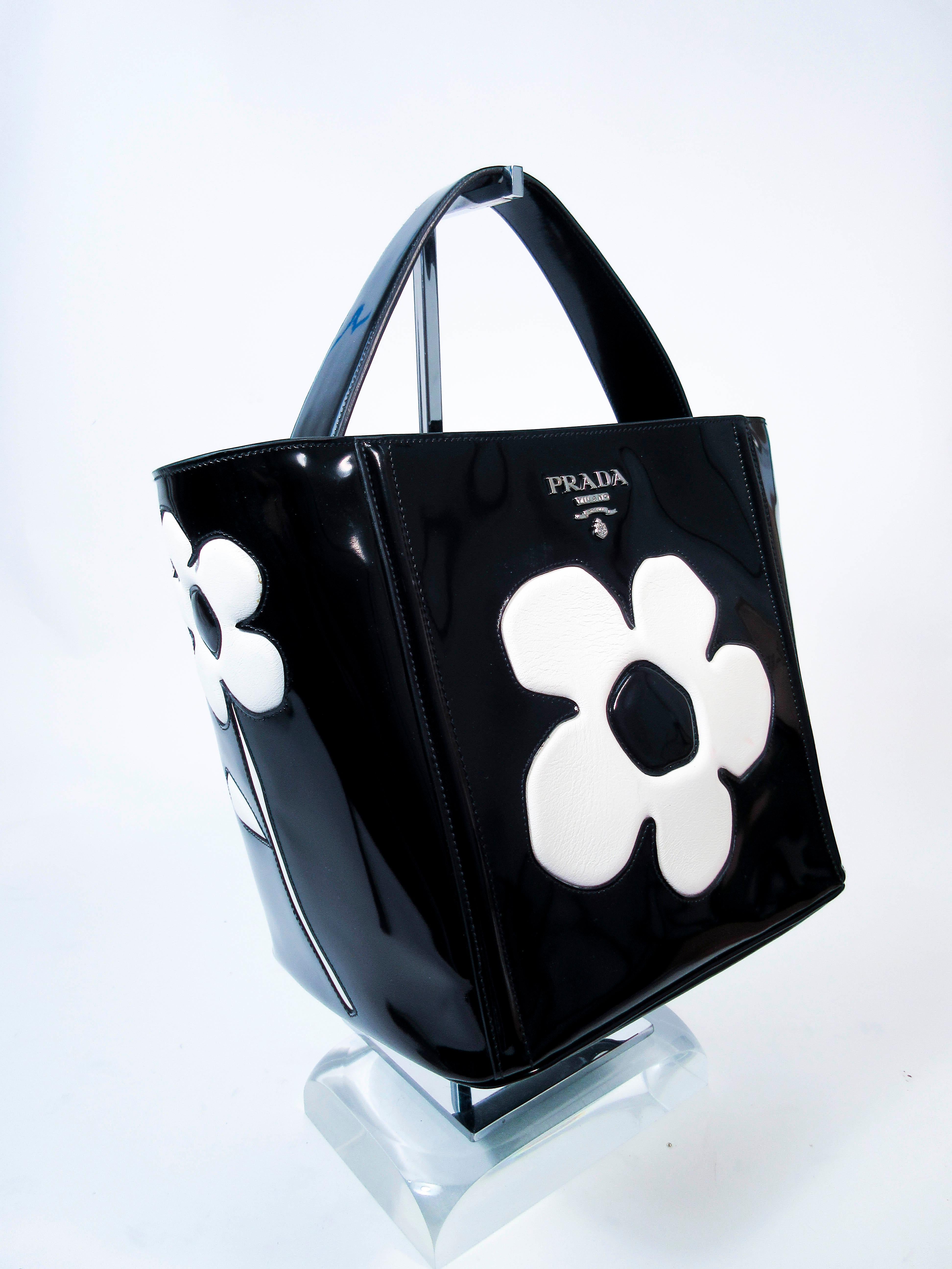 Women's Prada Black and White Patent Leather Flower Purse with Optional Shoulder Strap 