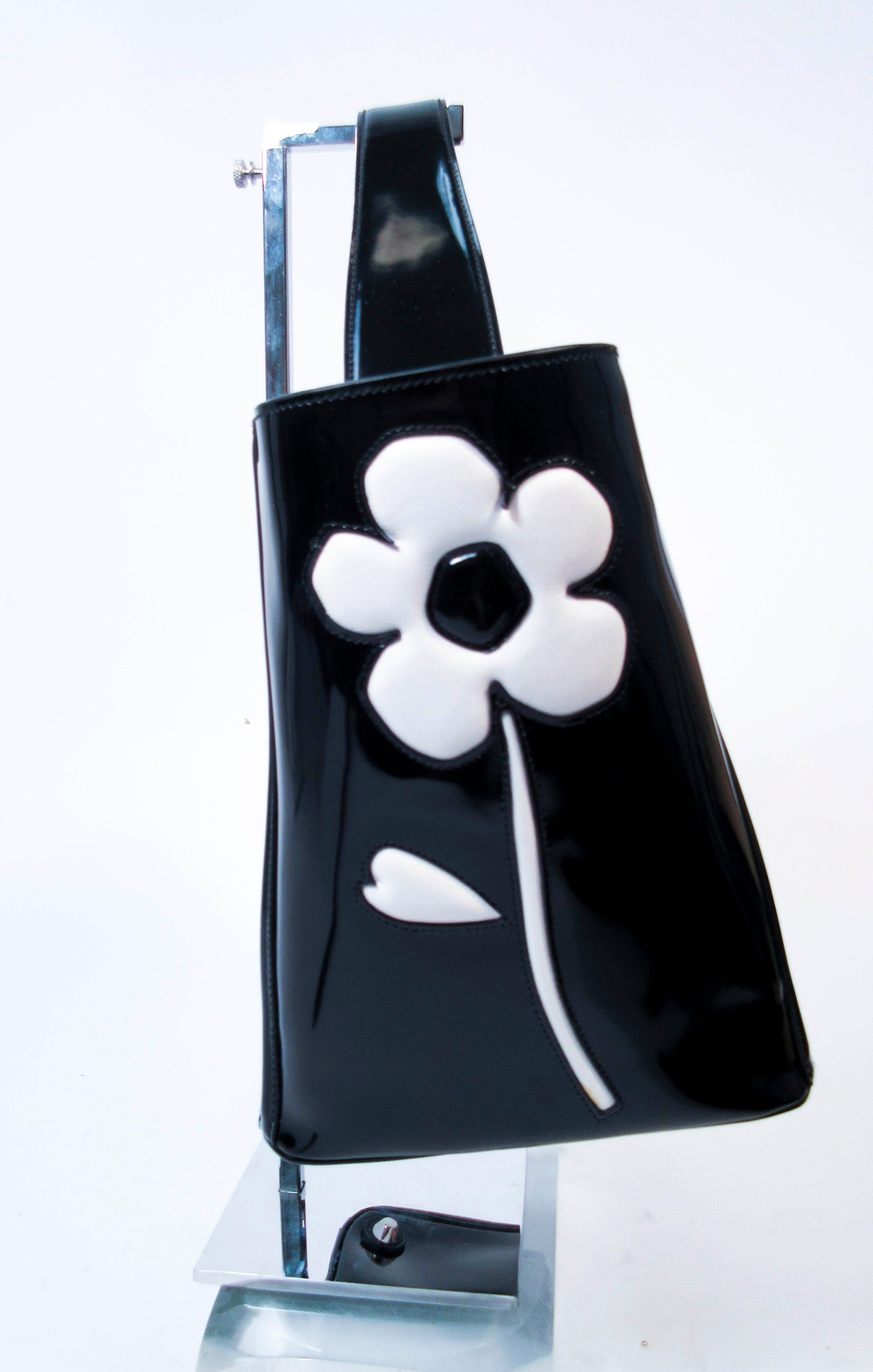 Prada Black and White Patent Leather Flower Purse with Optional Shoulder Strap  1