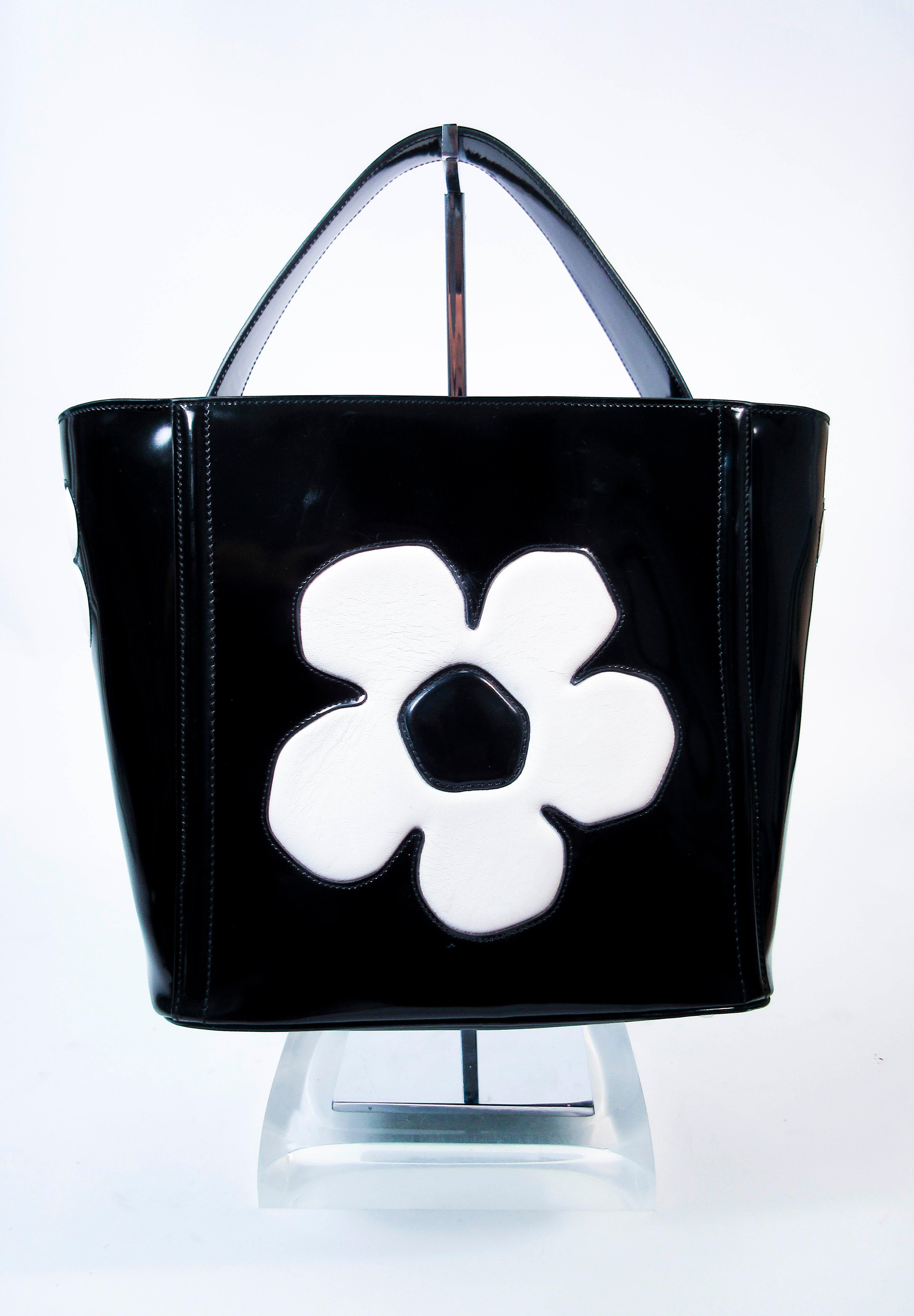 Prada Black and White Patent Leather Flower Purse with Optional Shoulder Strap  2