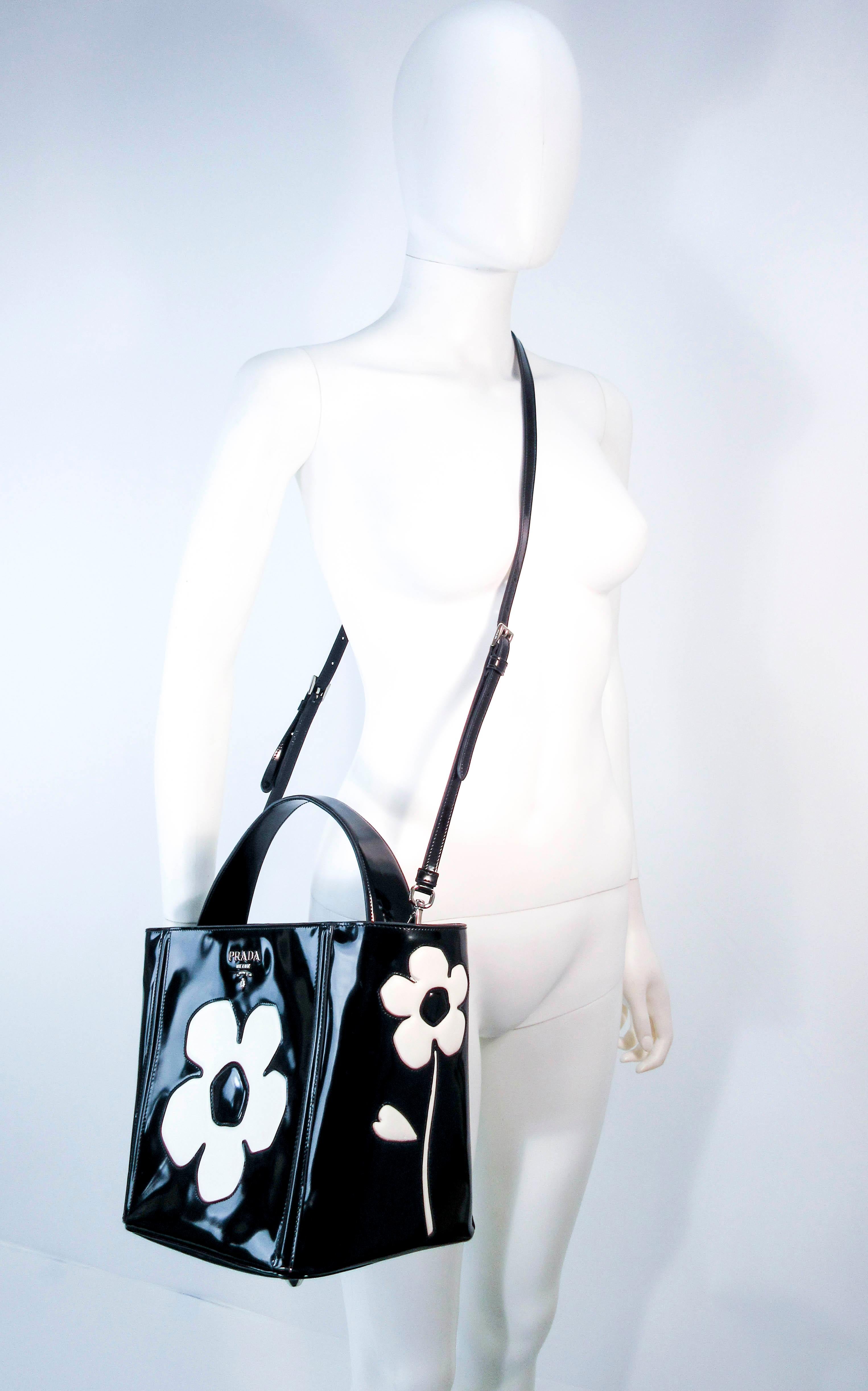 Prada Black and White Patent Leather Flower Purse with Optional Shoulder Strap  In Excellent Condition In Los Angeles, CA