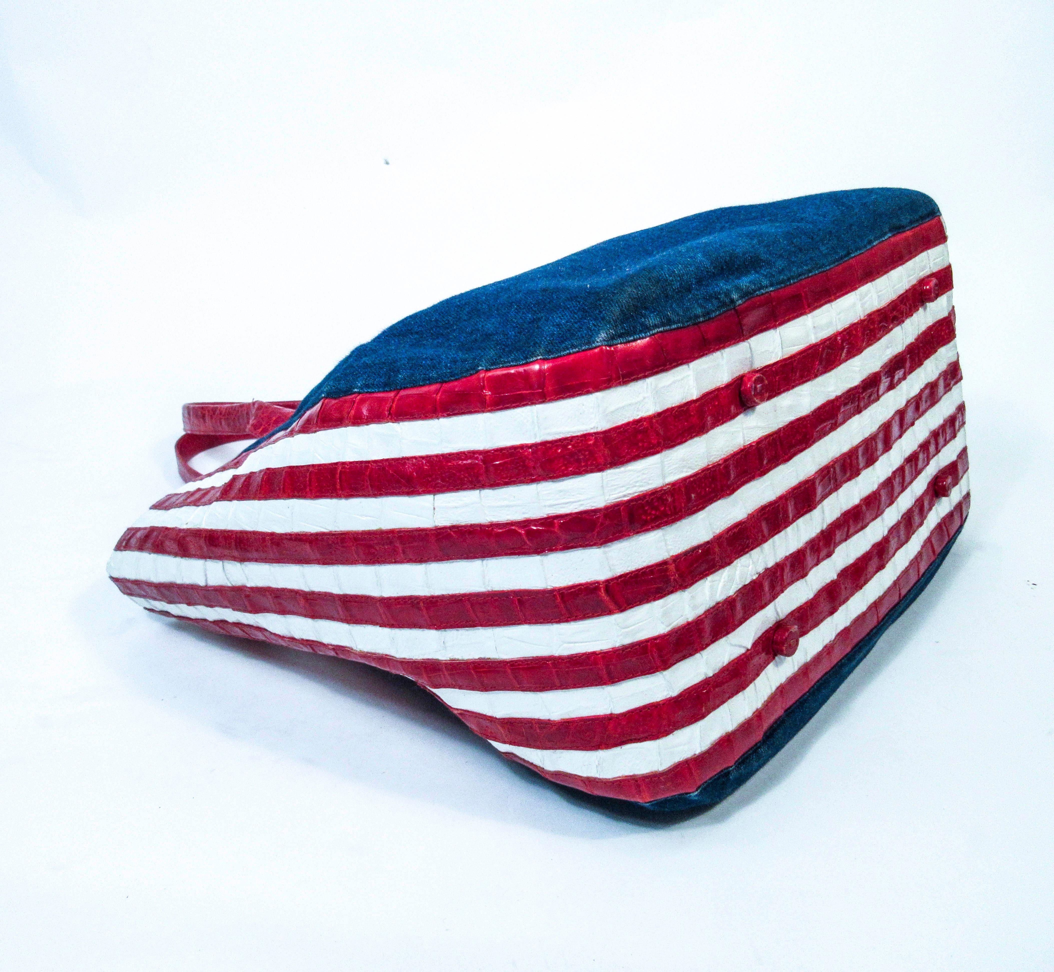 Nancy Gonzalez Cayman Crocodile American Flag Denim Carry All Purse In New Condition For Sale In Los Angeles, CA