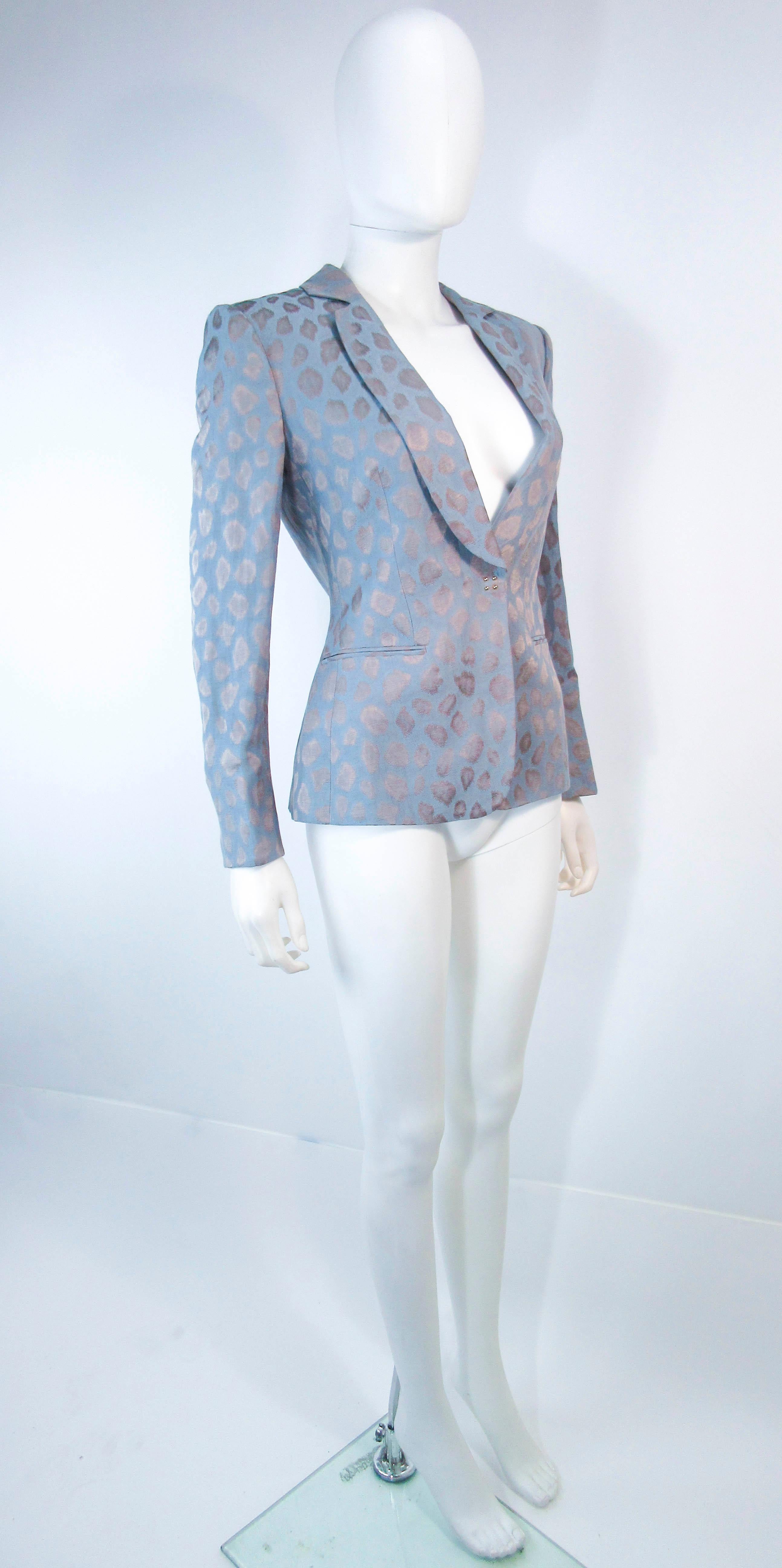 GIORGIO ARMANI Blue Animal Pattern Silk Jacket with Gold Studs Size 42  In Excellent Condition In Los Angeles, CA
