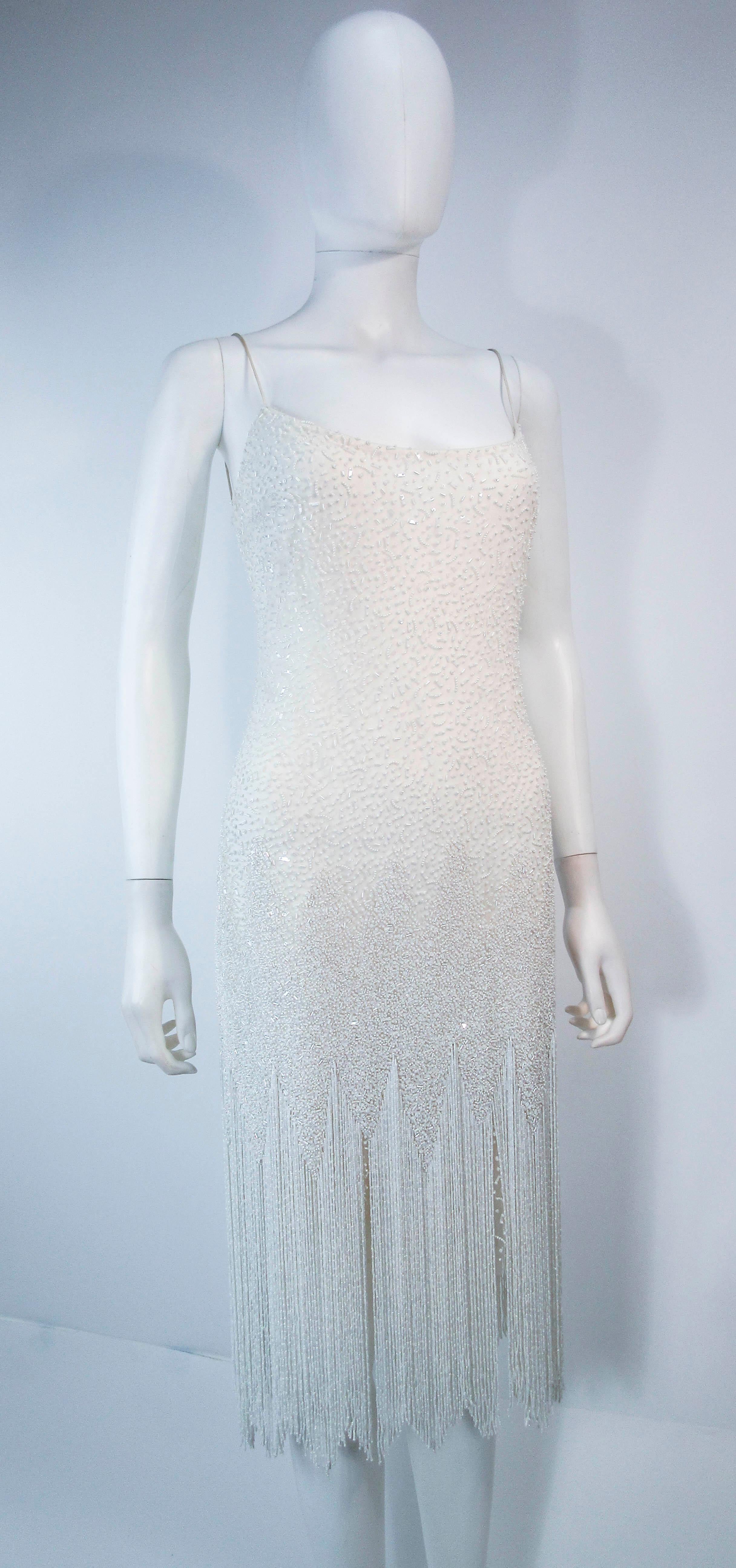 NAEEM KHAN White Beaded Cocktail Dress with Fringe Size 4 In Excellent Condition In Los Angeles, CA