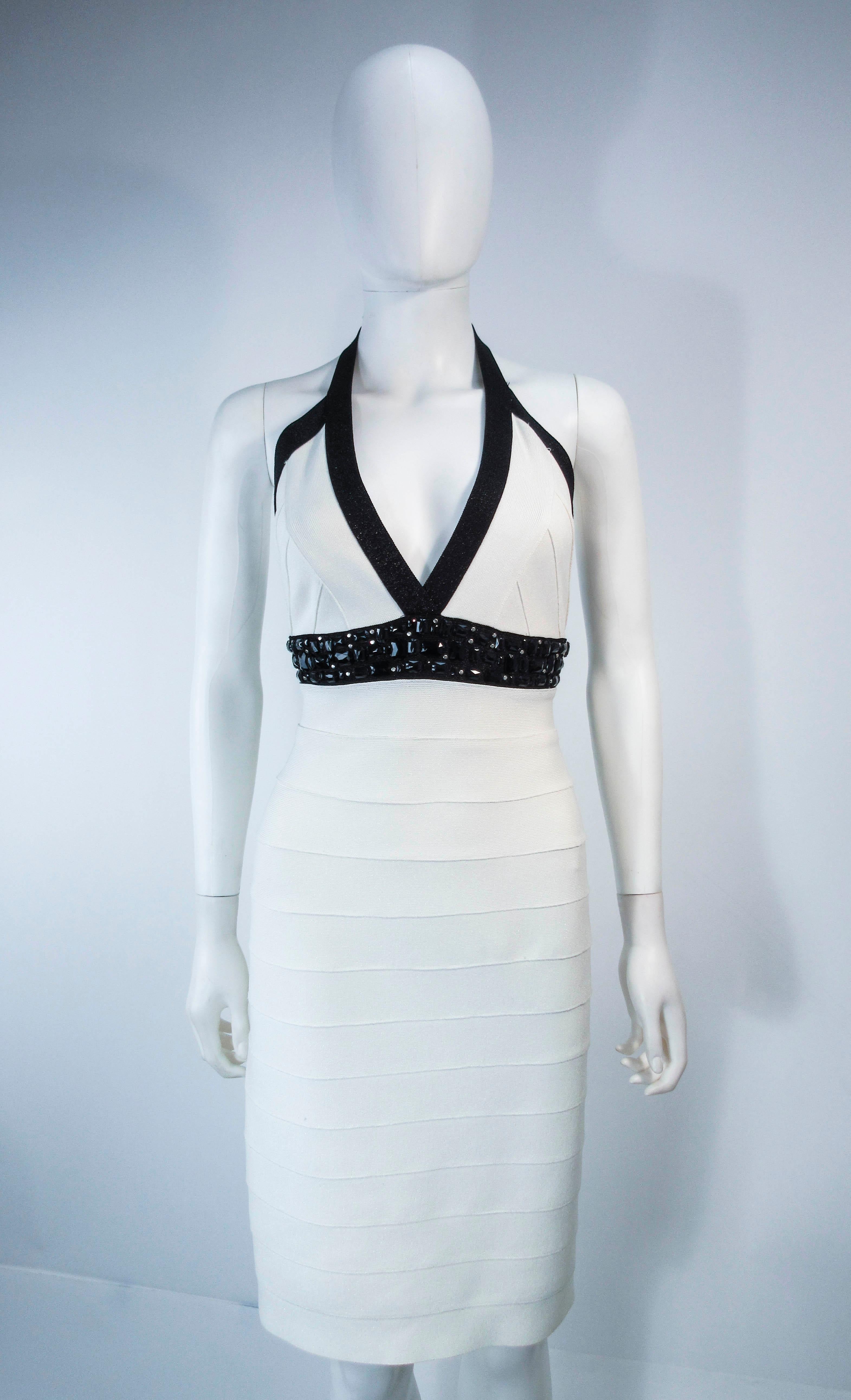 Gray Herve Leger Black and White Metallic Body-con Bandage Dress with Beaded Accents