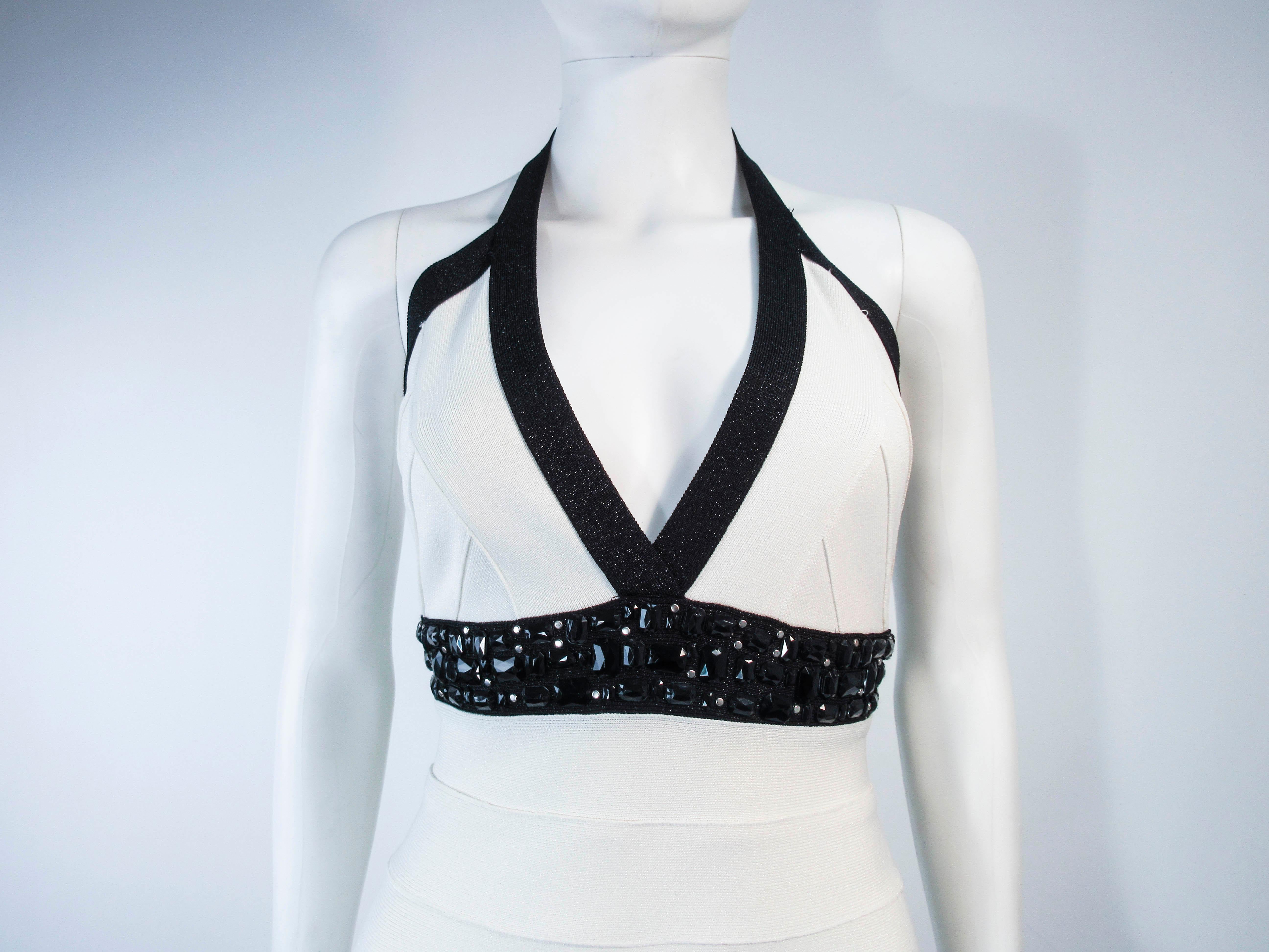 Herve Leger Black and White Metallic Body-con Bandage Dress with Beaded Accents In Excellent Condition In Los Angeles, CA