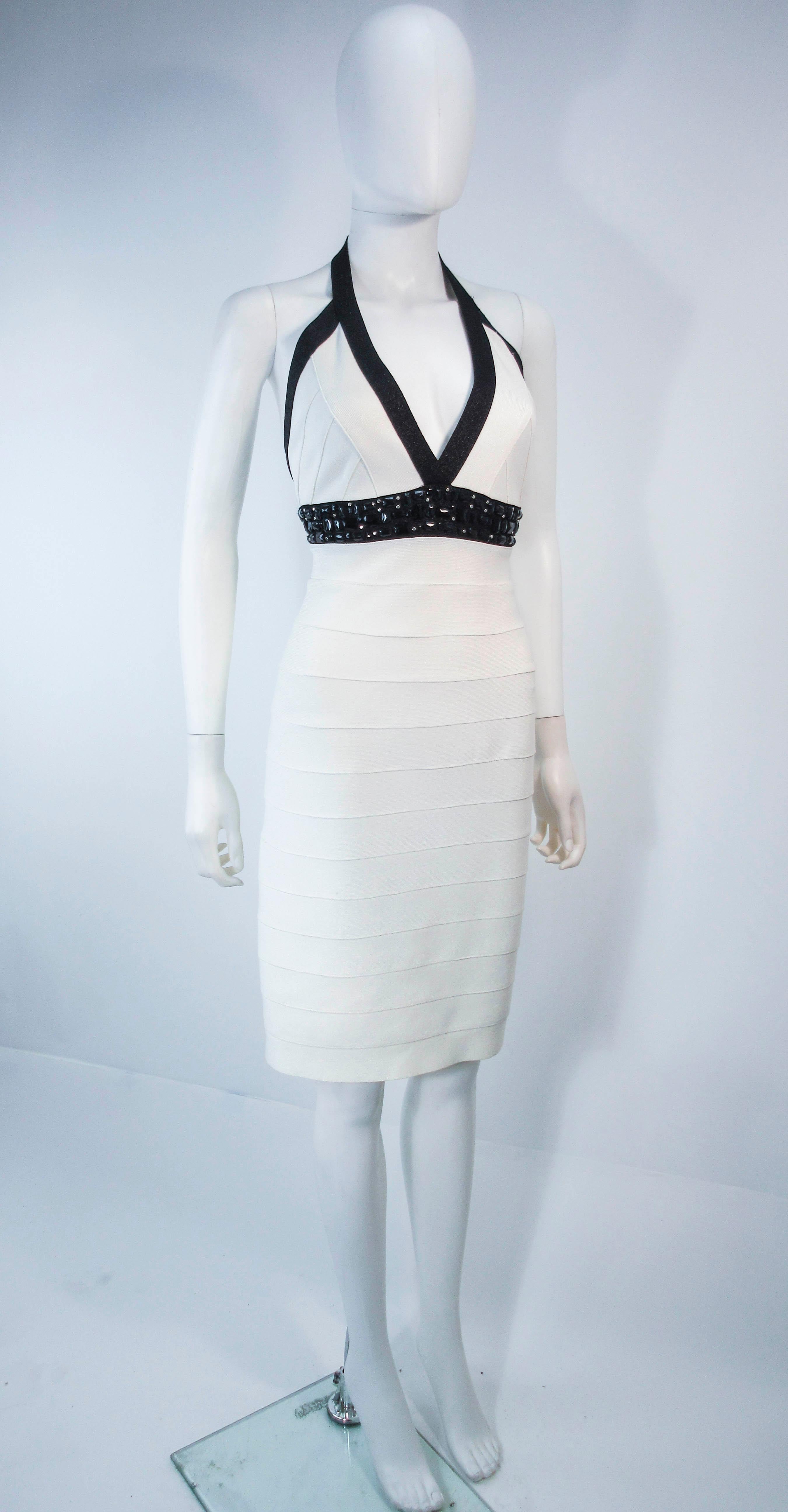 Women's Herve Leger Black and White Metallic Body-con Bandage Dress with Beaded Accents