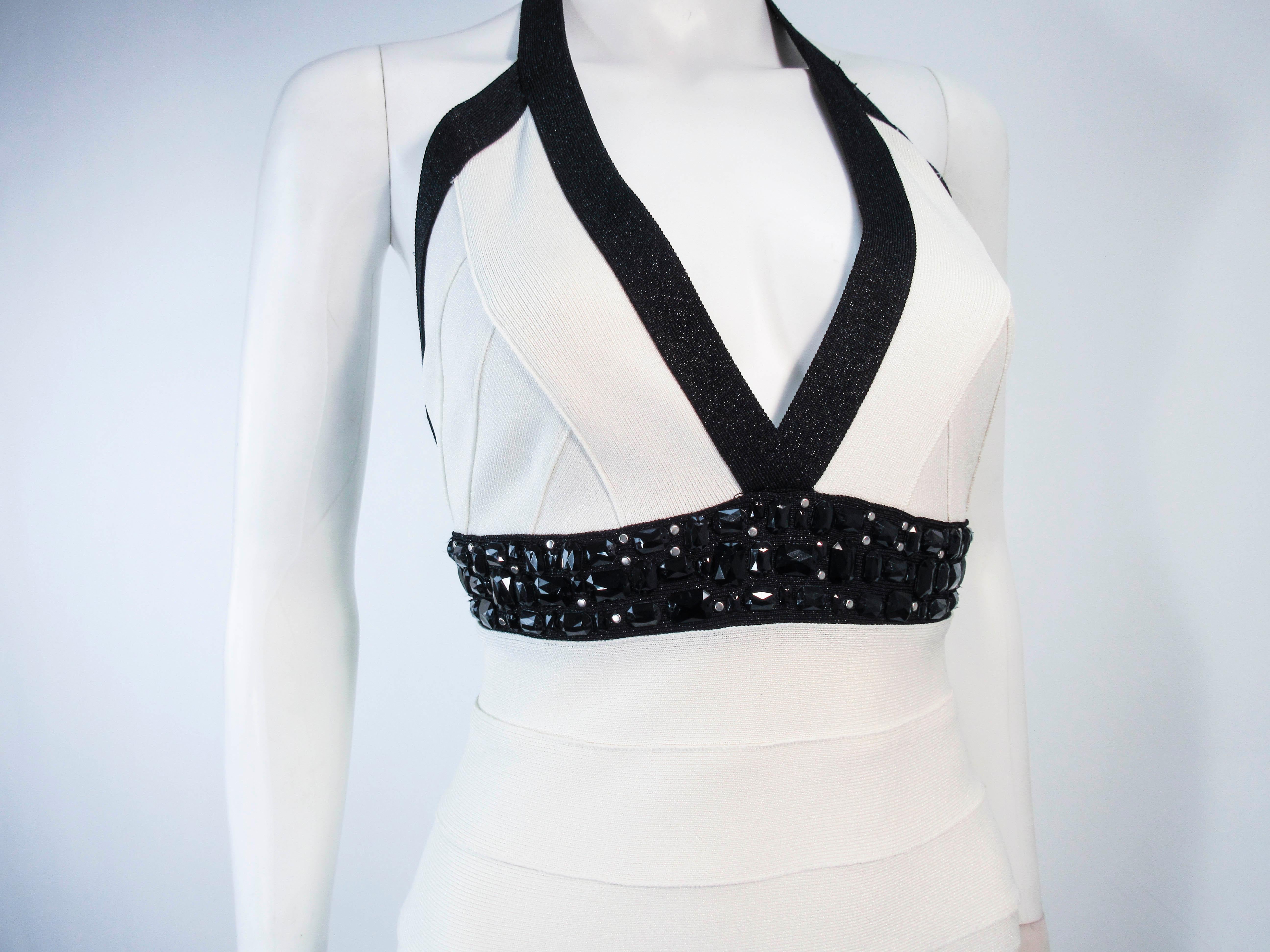 Herve Leger Black and White Metallic Body-con Bandage Dress with Beaded Accents 3