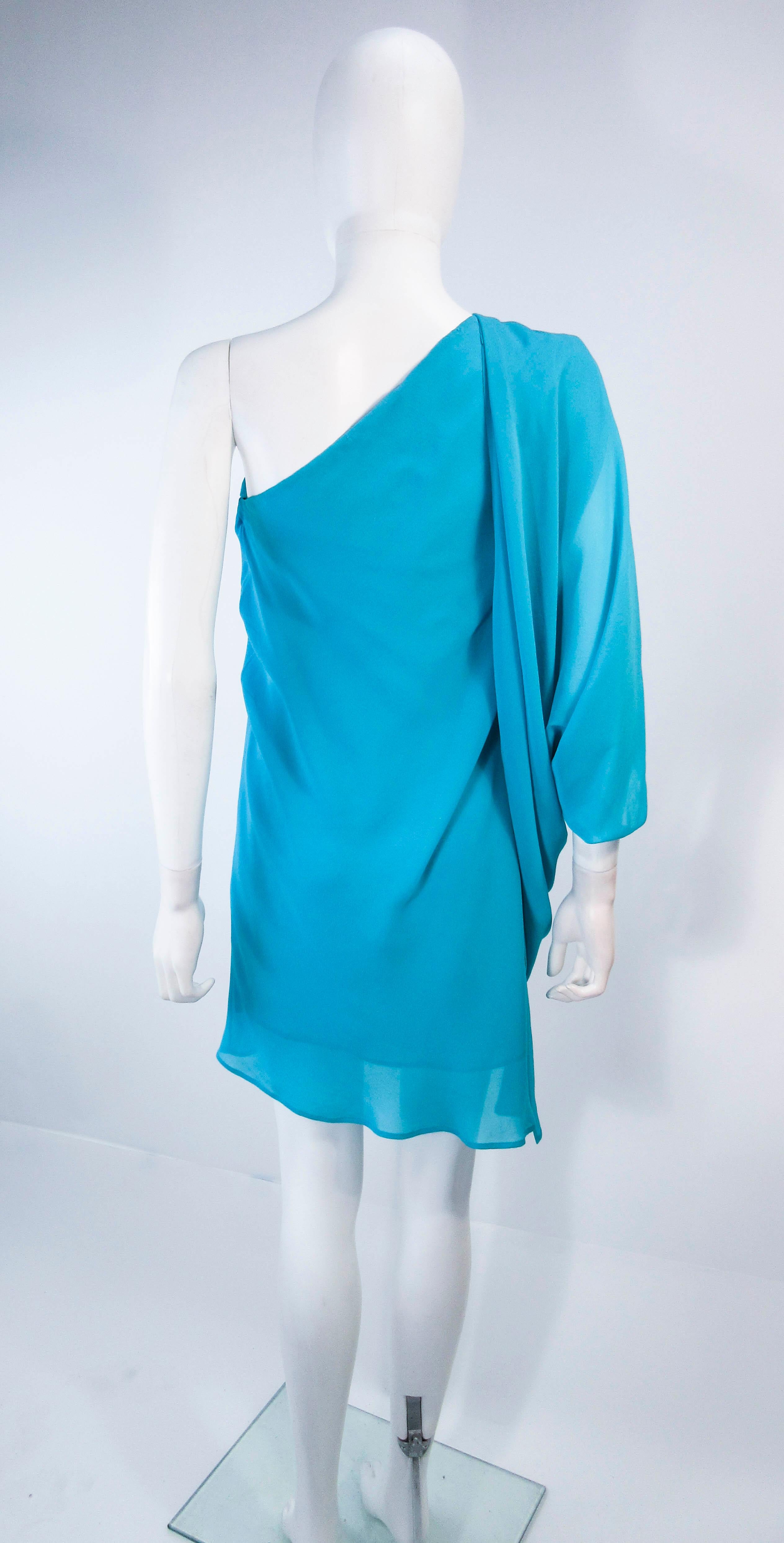 ROBERTO CAVALLI Aqua Silk Chiffon One Shoulder Draped Cocktail Dress Size 40 For Sale 2