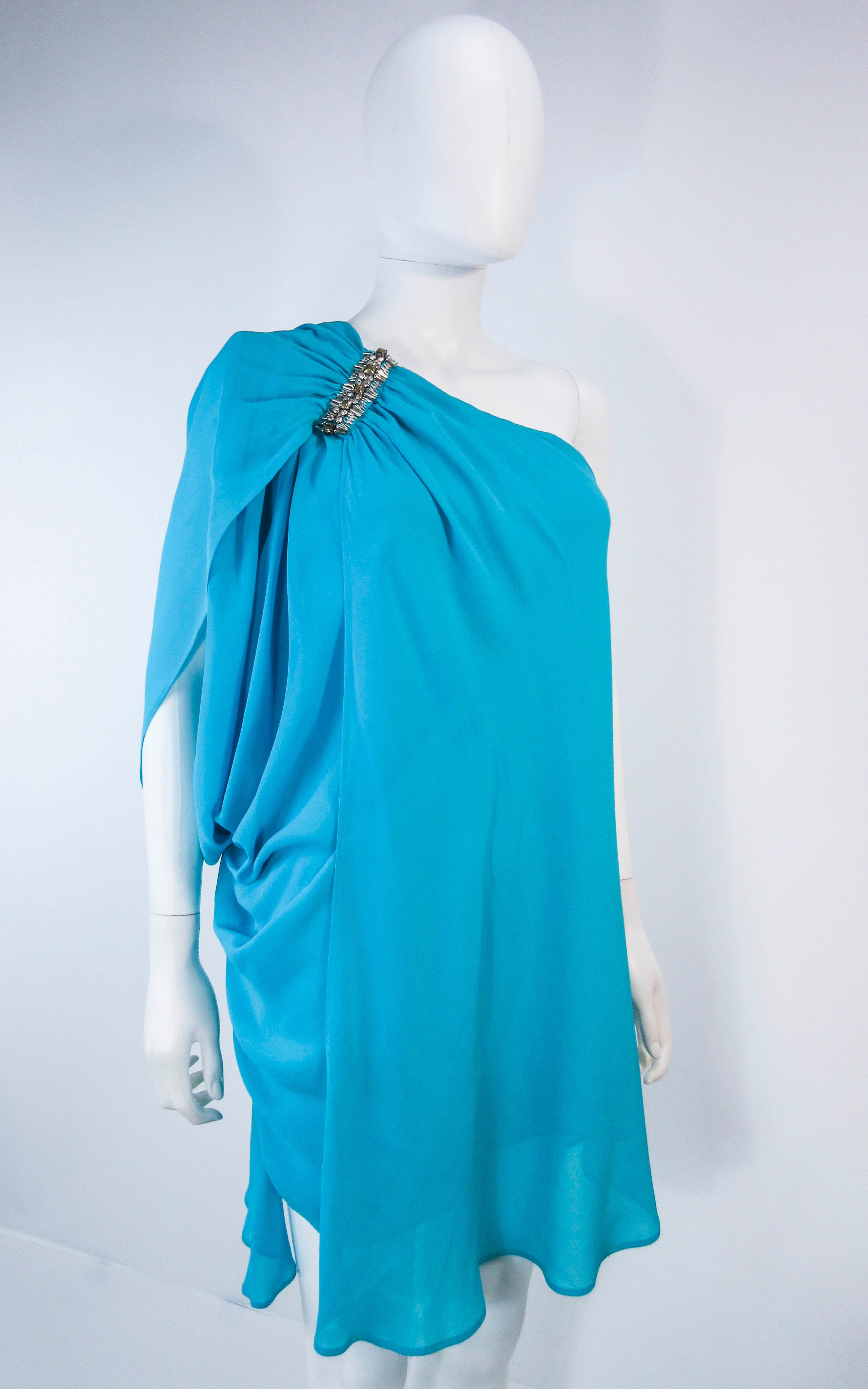 Blue ROBERTO CAVALLI Aqua Silk Chiffon One Shoulder Draped Cocktail Dress Size 40 For Sale