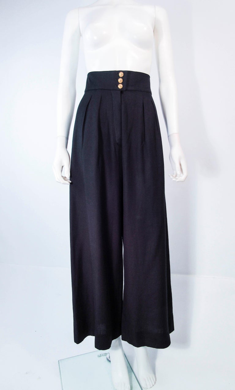 CHANEL Vintage Black Linen Palazzo Pants with Gold Buttons Size 24