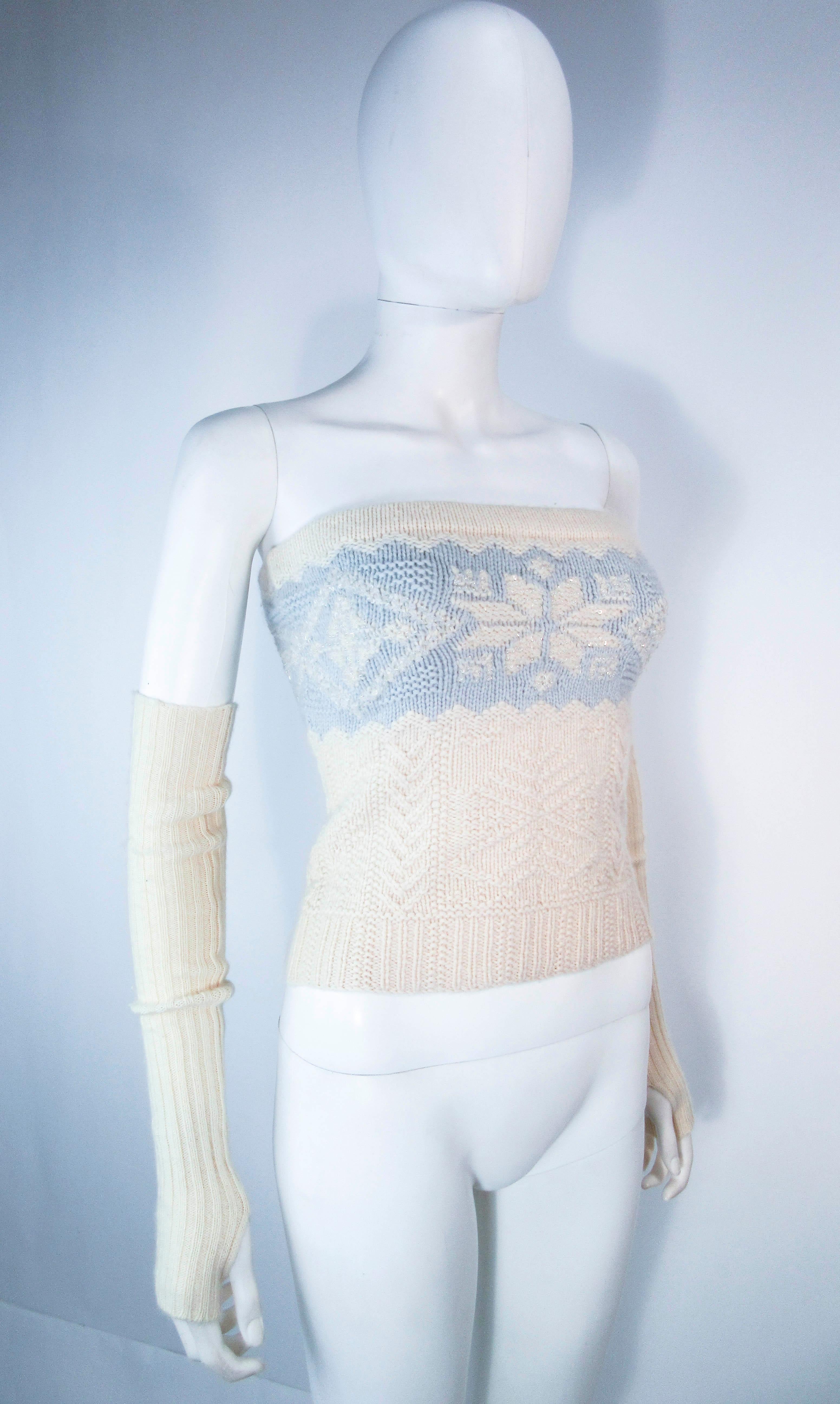 RALPH LAUREN Beaded Baby Blue & Cream Tube Top with Sleeves Size XS In Excellent Condition For Sale In Los Angeles, CA