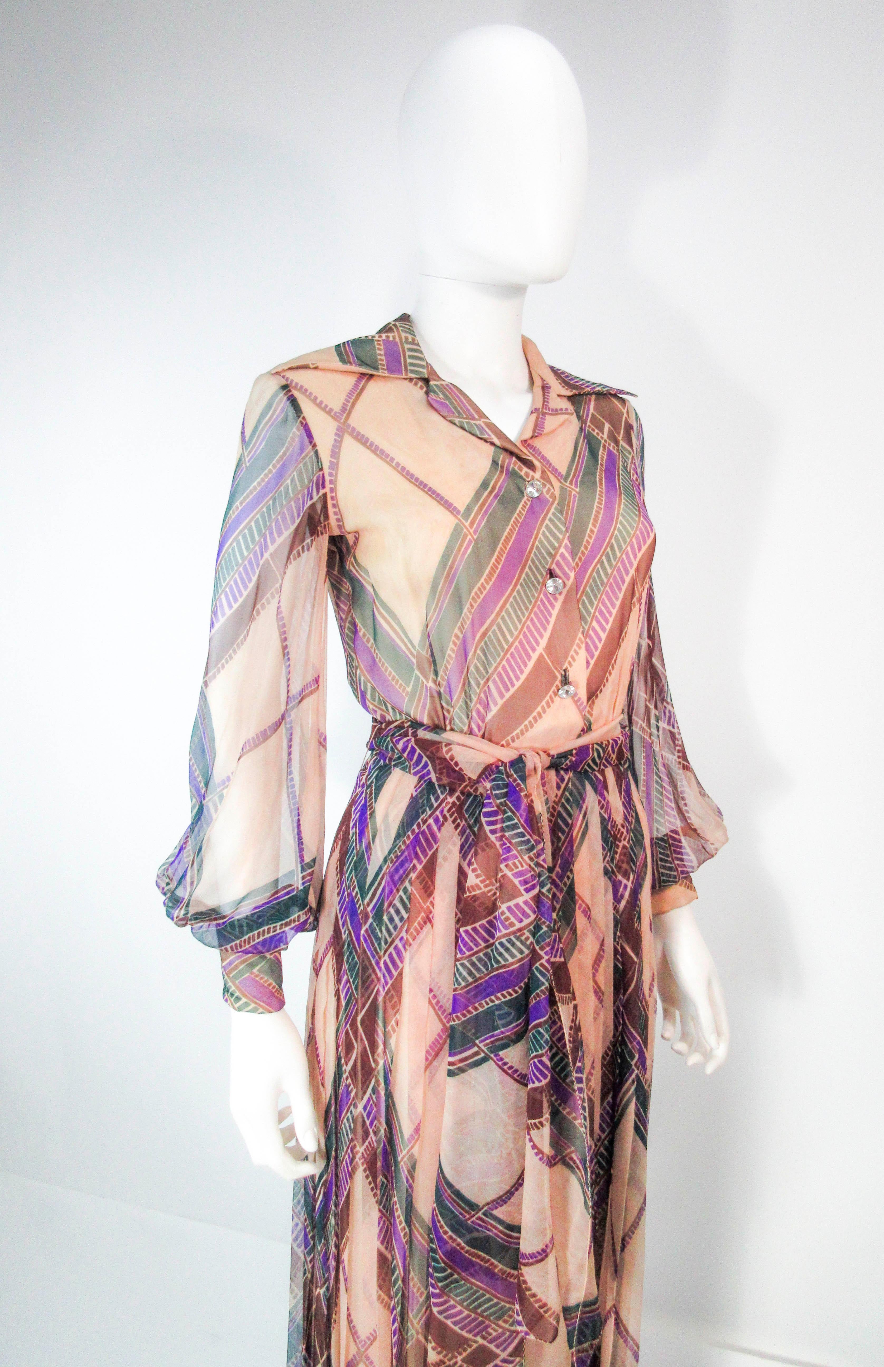 Gray Valentino Vintage Silk Chiffon Abstract Long Sleeve Maxi Dress, 1970s For Sale