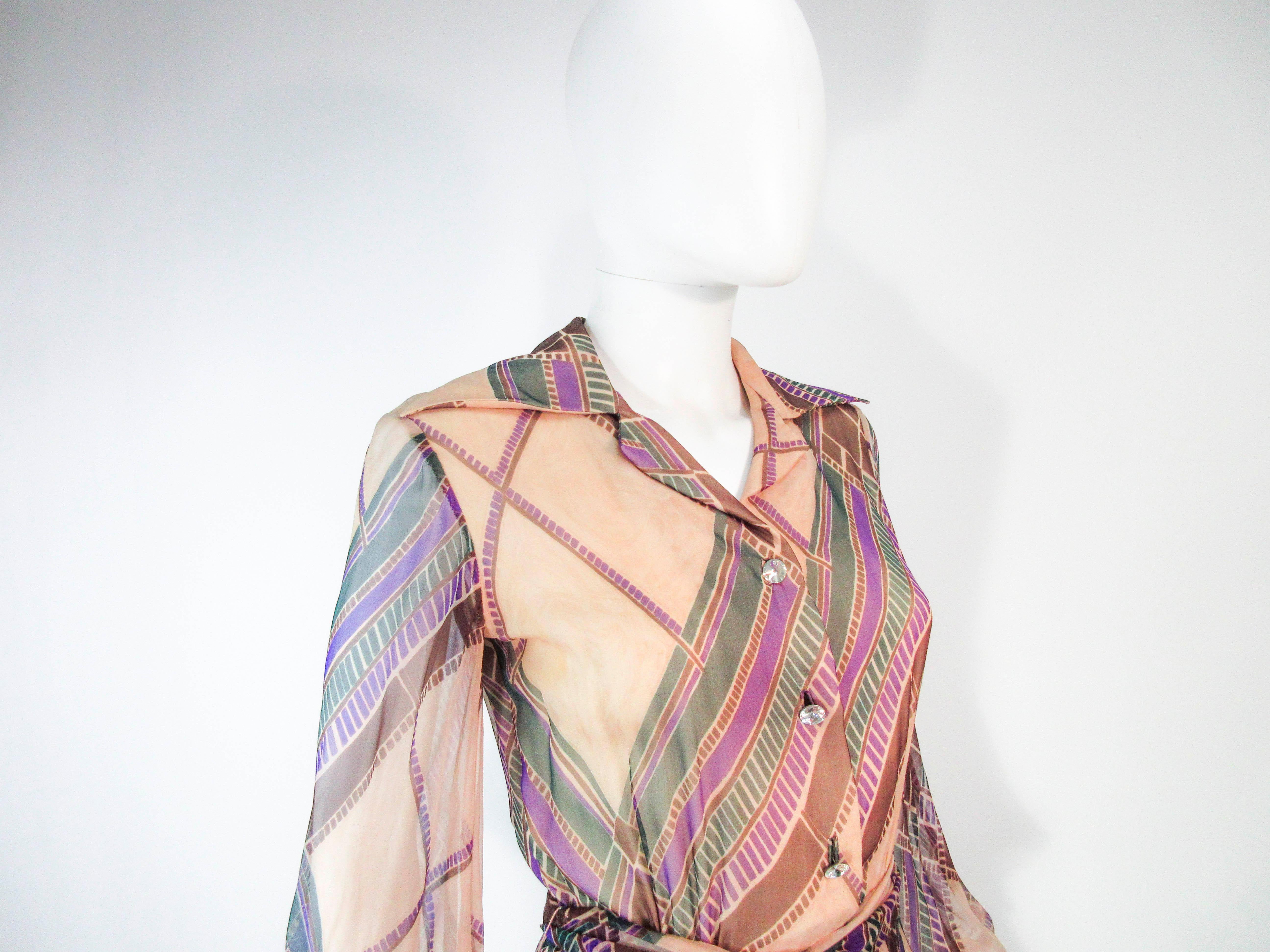 Valentino Vintage Silk Chiffon Abstract Long Sleeve Maxi Dress, 1970s In Excellent Condition For Sale In Los Angeles, CA
