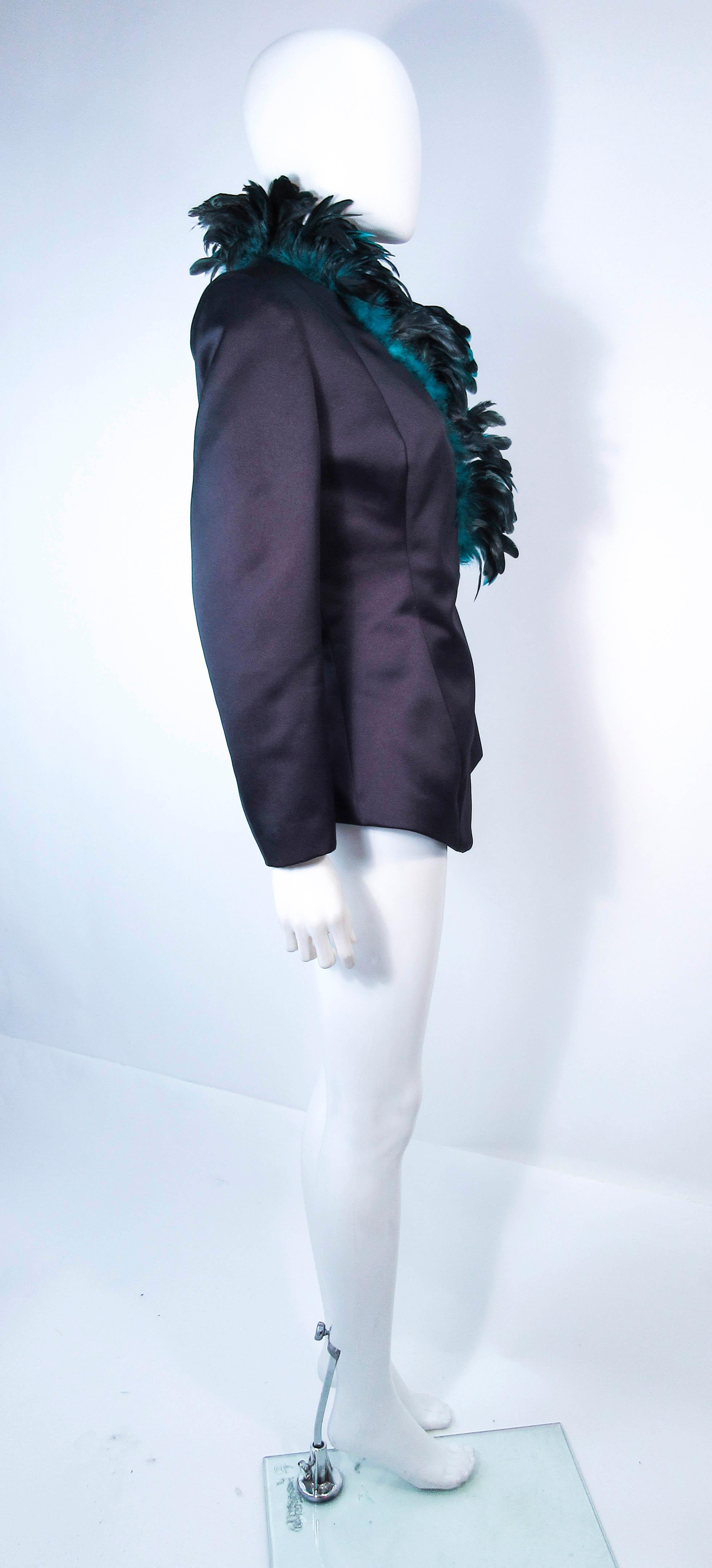 POL ATTEU Satin Evening Jacket with Iridescent Feather Collar Trim Size 12 For Sale 2