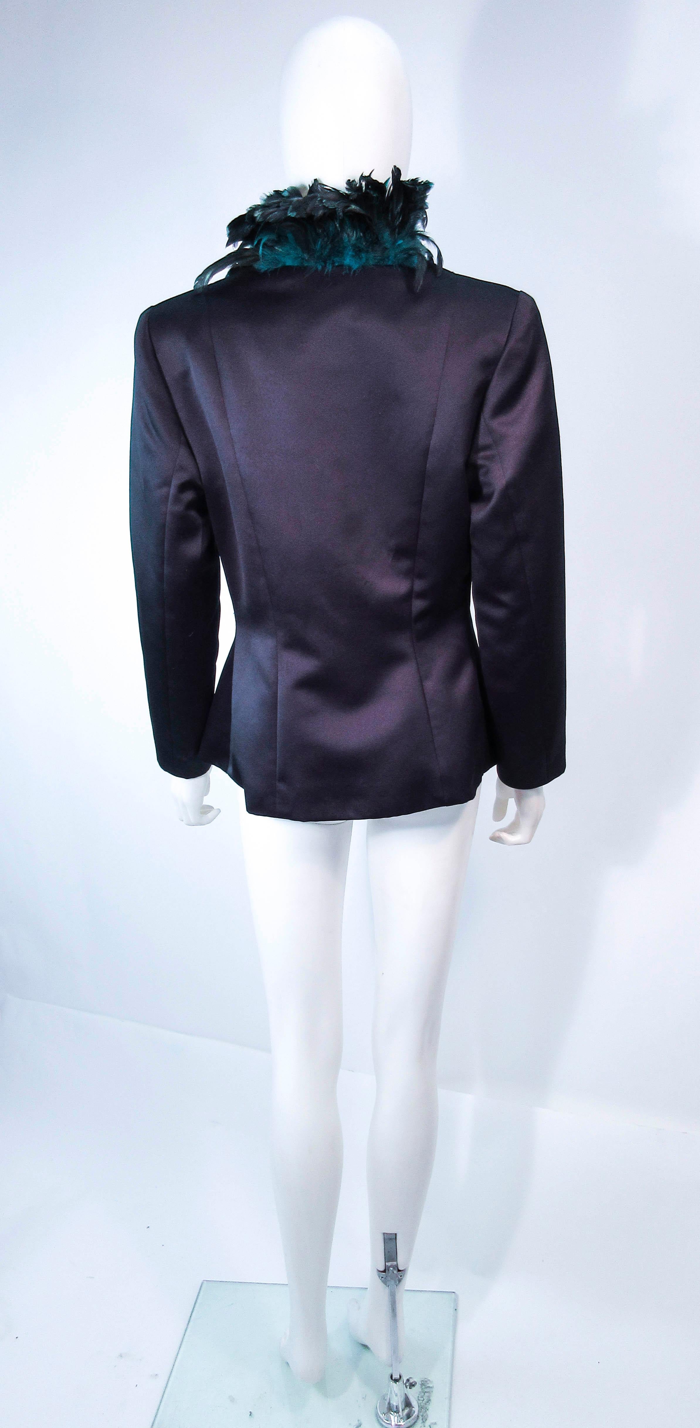 POL ATTEU Satin Evening Jacket with Iridescent Feather Collar Trim Size 12 For Sale 3