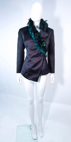POL ATTEU Satin Evening Jacket with Iridescent Feather Collar Trim Size 12