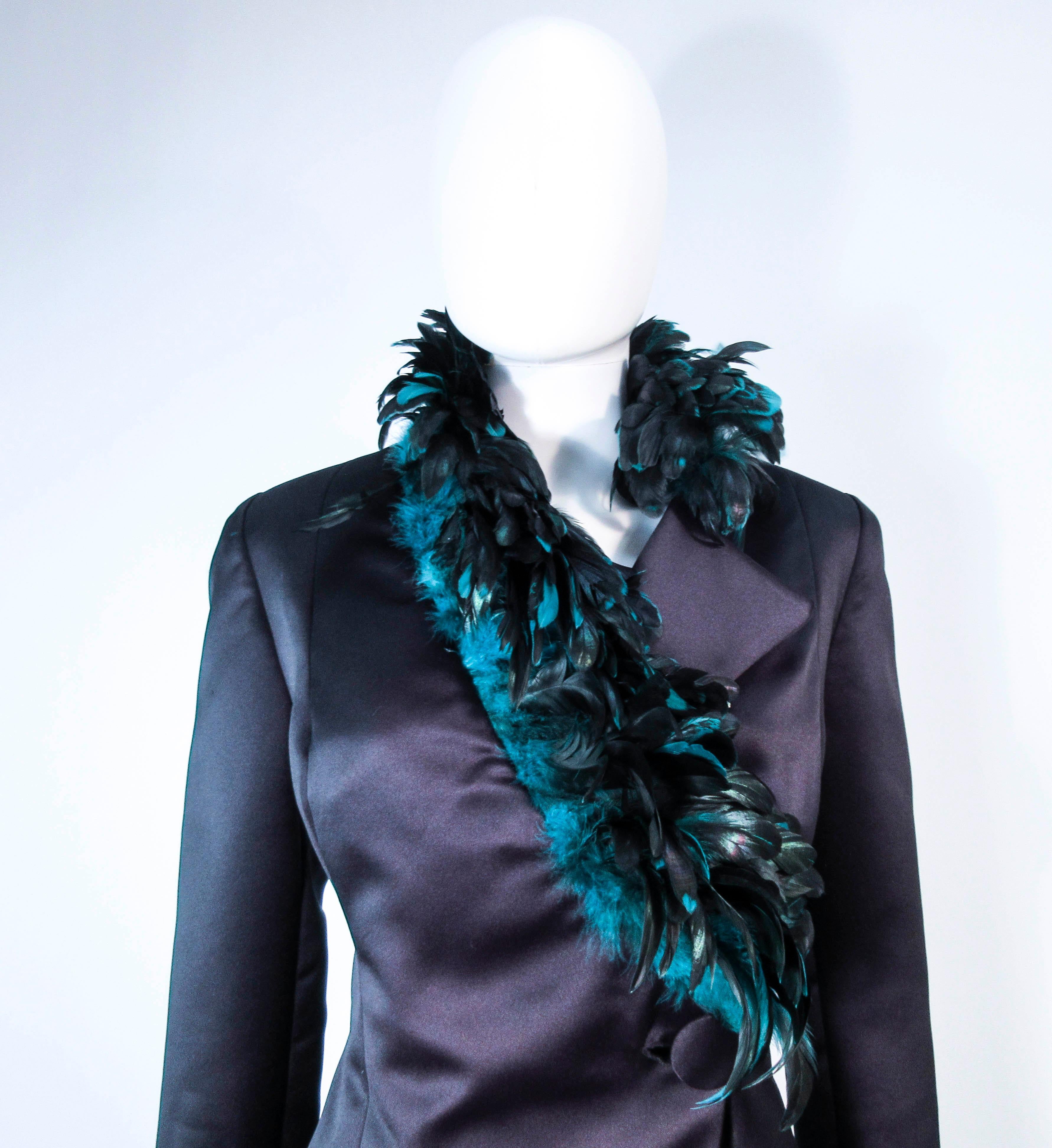 Black POL ATTEU Satin Evening Jacket with Iridescent Feather Collar Trim Size 12 For Sale