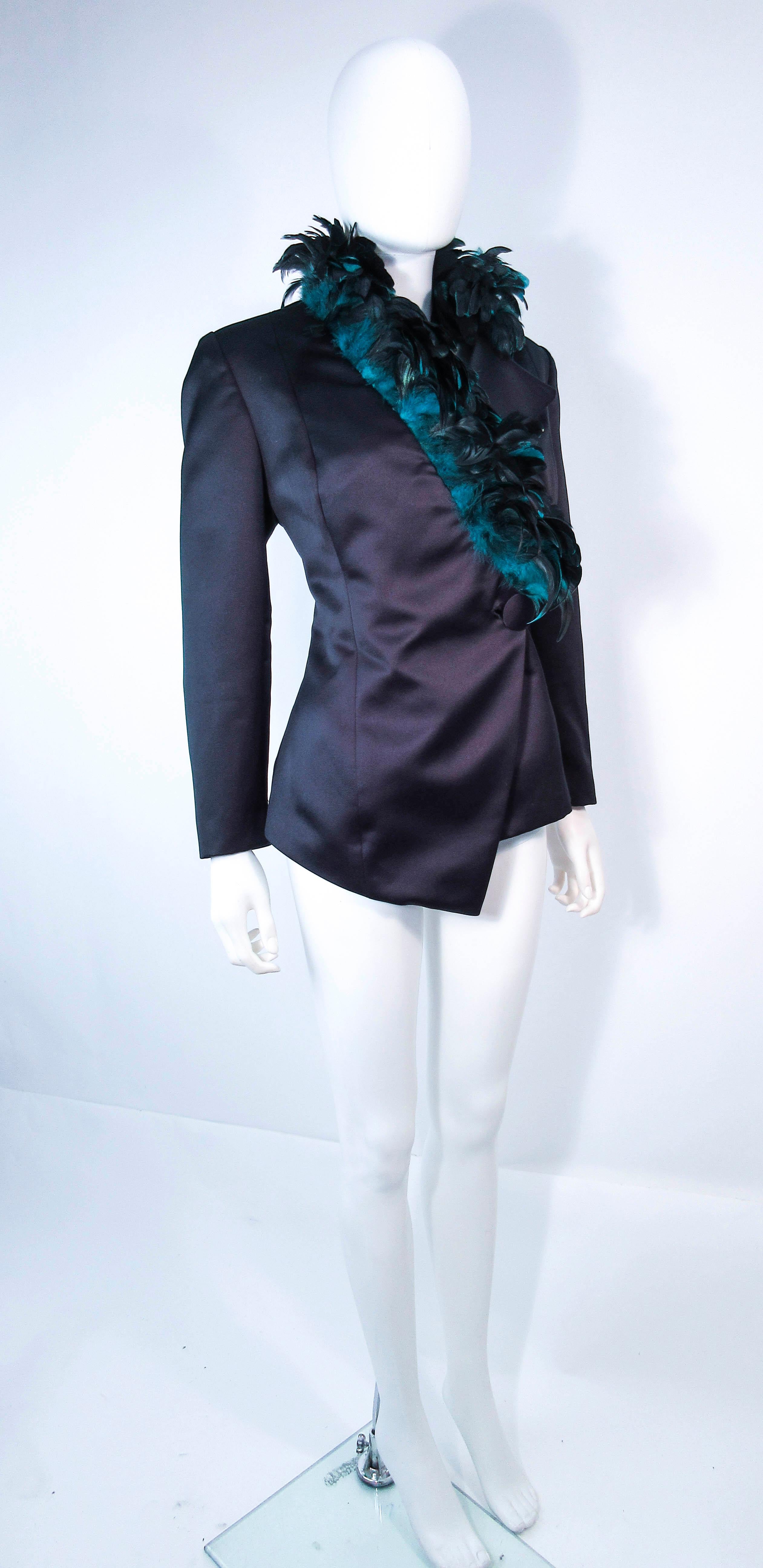 POL ATTEU Satin Evening Jacket with Iridescent Feather Collar Trim Size 12 For Sale 1